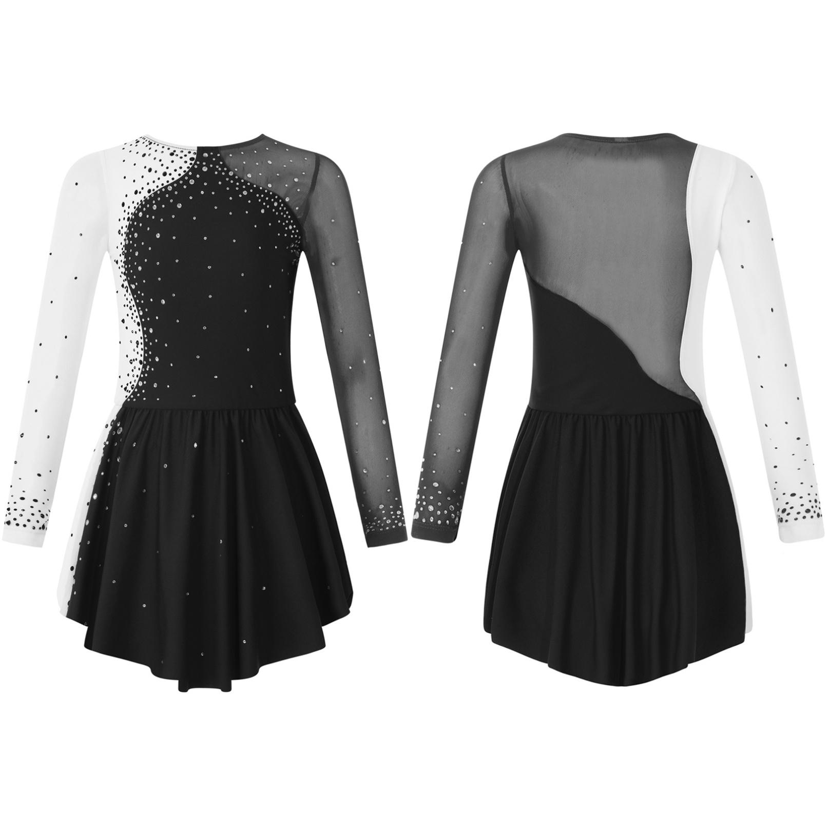WinYing Kinderen meisjes lange mouw kunstschaatsen jurk ballerina glanzende diamant ballet dans maillots kostuum 11-12 Years zwart