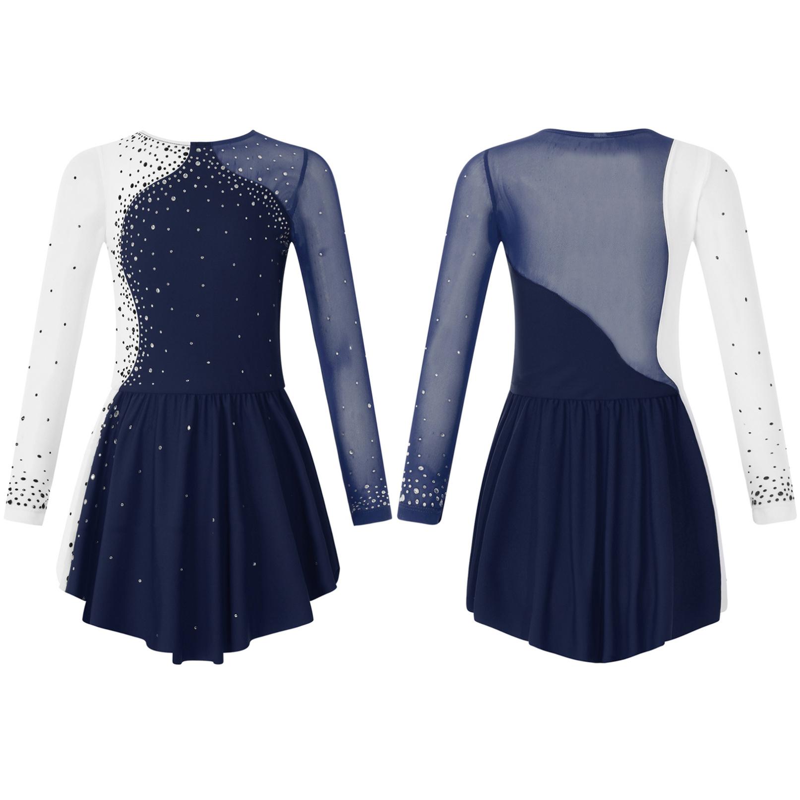 WinYing Kinderen meisjes lange mouw kunstschaatsen jurk ballerina glanzende diamant ballet dans maillots kostuum 11-12 Years marineblauwe kleur