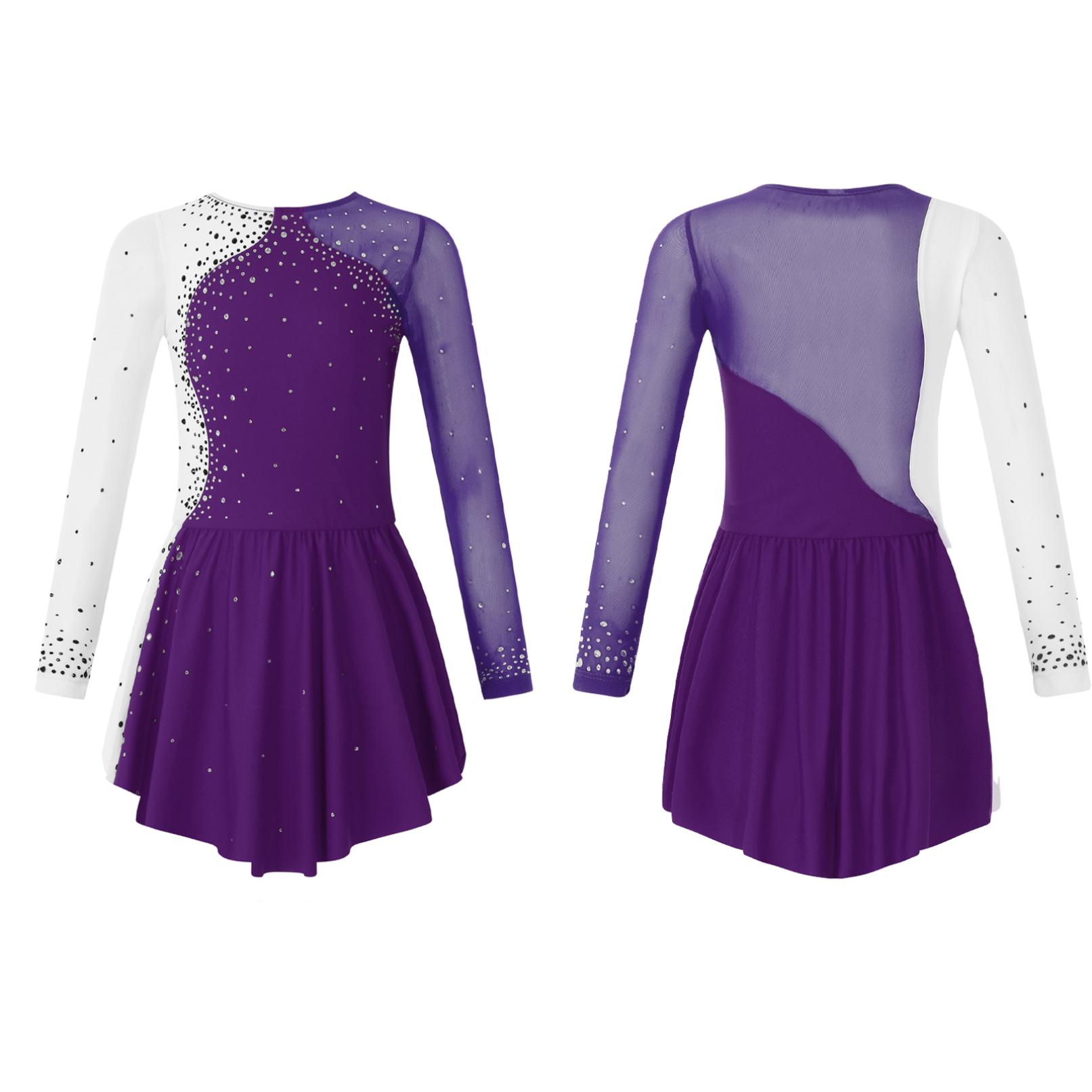 WinYing Kinderen meisjes lange mouw kunstschaatsen jurk ballerina glanzende diamant ballet dans maillots kostuum 9-10 Years paars