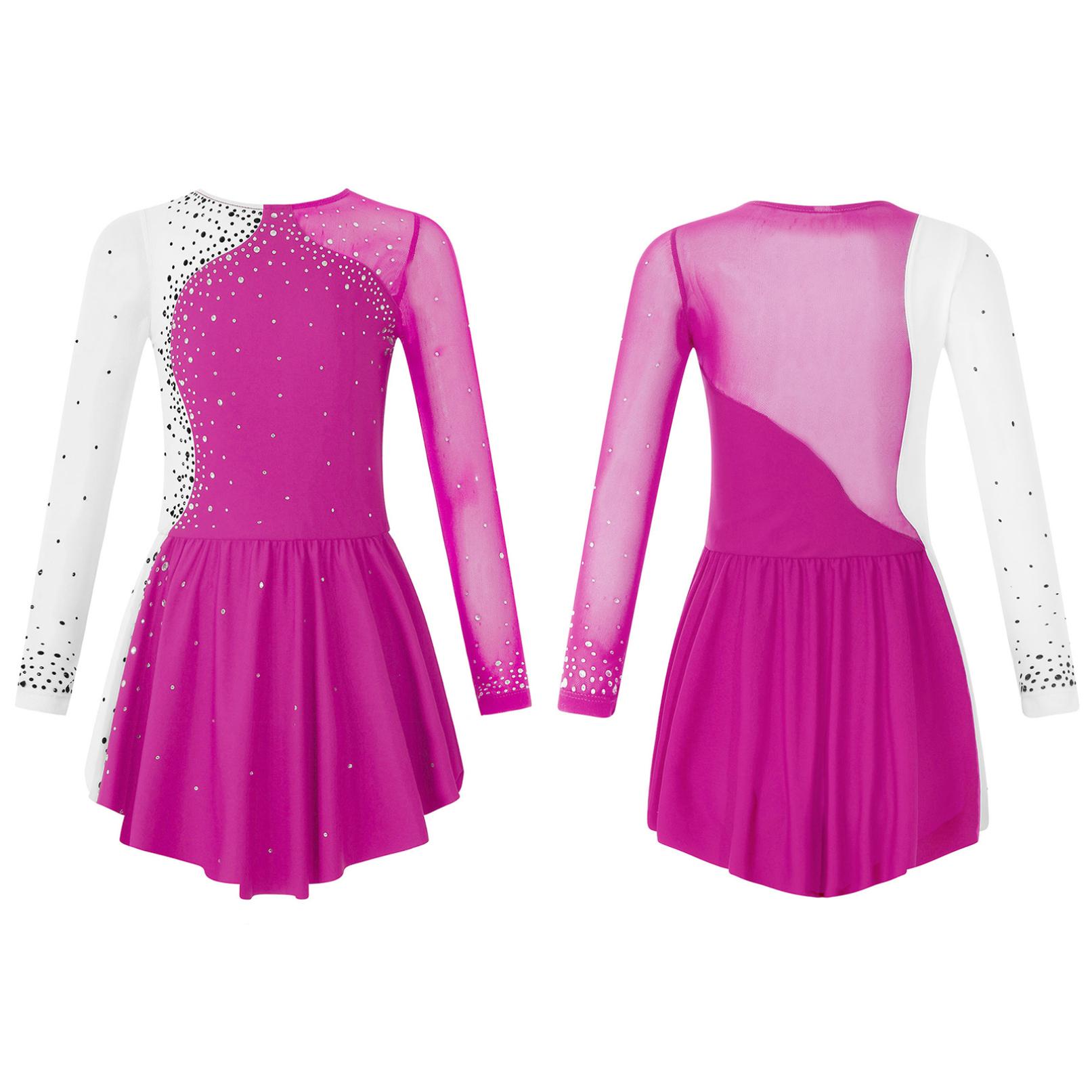 WinYing Kinderen meisjes lange mouw kunstschaatsen jurk ballerina glanzende diamant ballet dans maillots kostuum 7-8 Years helder roze