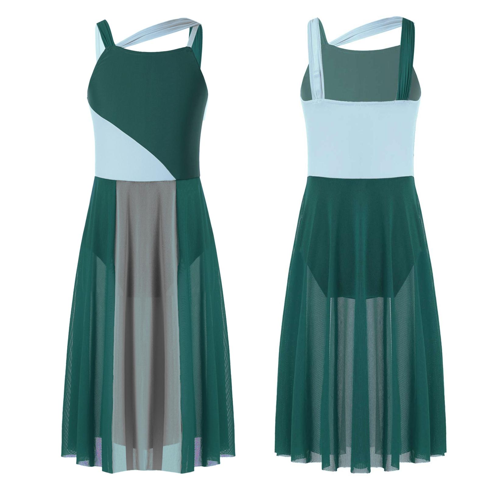 Daenrui Meisjes mesh overlay ballet hedendaagse dansjurk lyrisch mouwloos turnpakje kostuum 13-14 Years donkergroene kleur