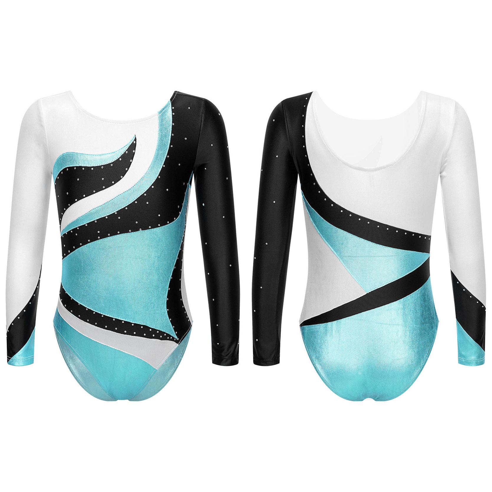 IEFiEL Kinderen meisjes glanzend strass decor gymnastiek turnpakje ronde hals lange mouw fitness dans bodysuit outfit 11-12 Years blauw