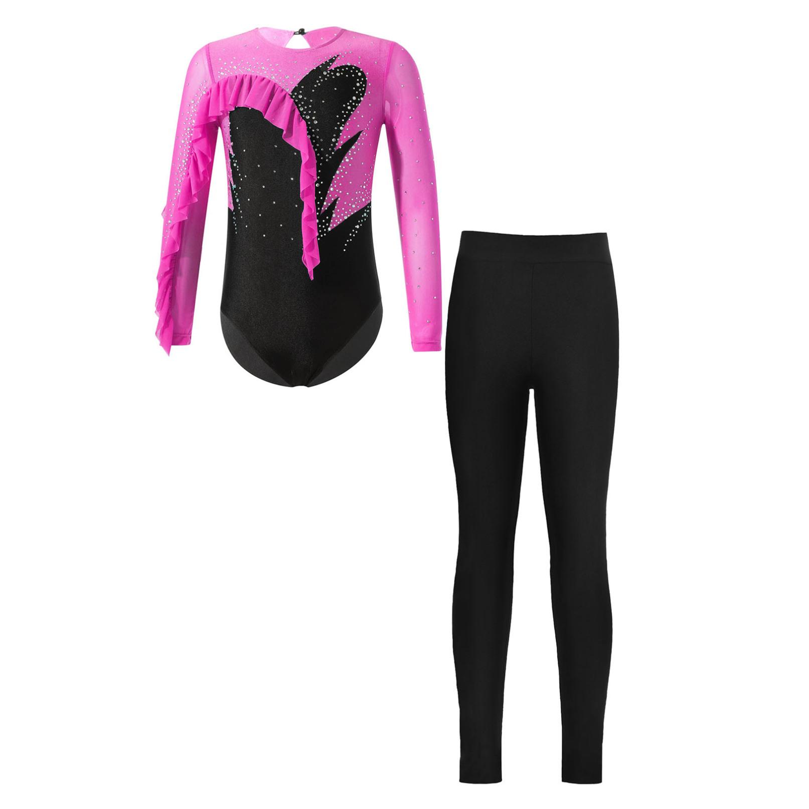 Daenrui Gymnastiek-dansoutfit voor kinderen, lange mouwen, glanzende strass-decor, turnpakje met ruches en leggings 15-16 Years helder roze/zwart