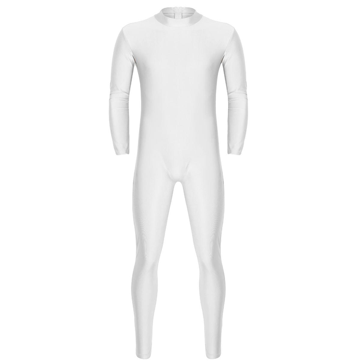 MR91EY Volwassen heren spandex coltrui lange mouw unitard bodysuit uit één stuk danskleding Medium wit