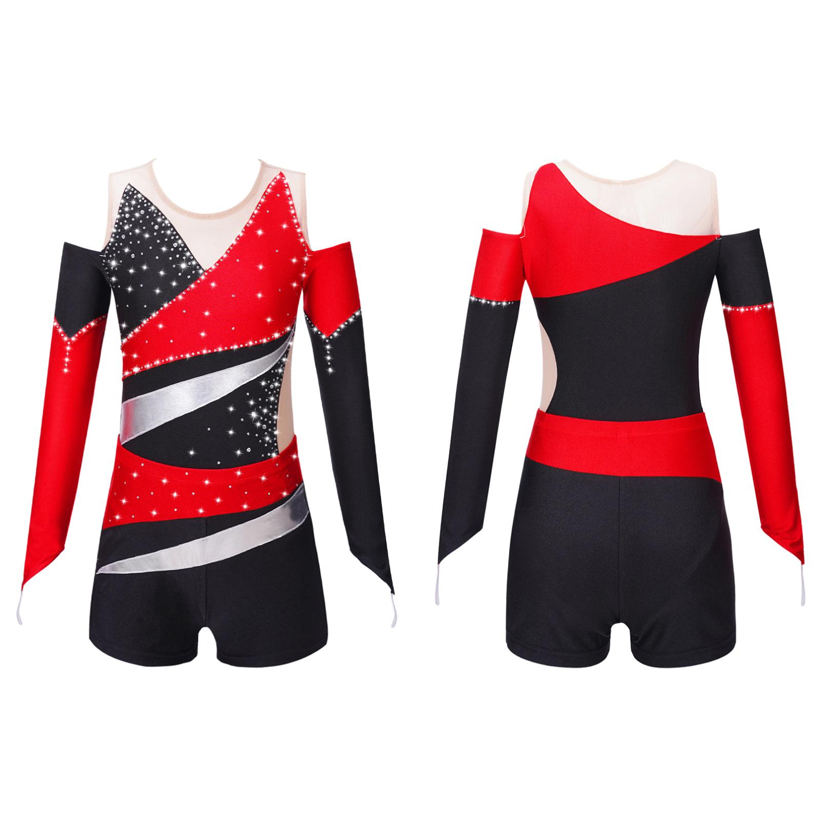 YOOJIA Kinderen Meisjes Ballet Maillots Gymnastiek met Shorts Sparkly Glanzende Diamant Kids Biketard Prestatiekostuum 9-10 Years rood