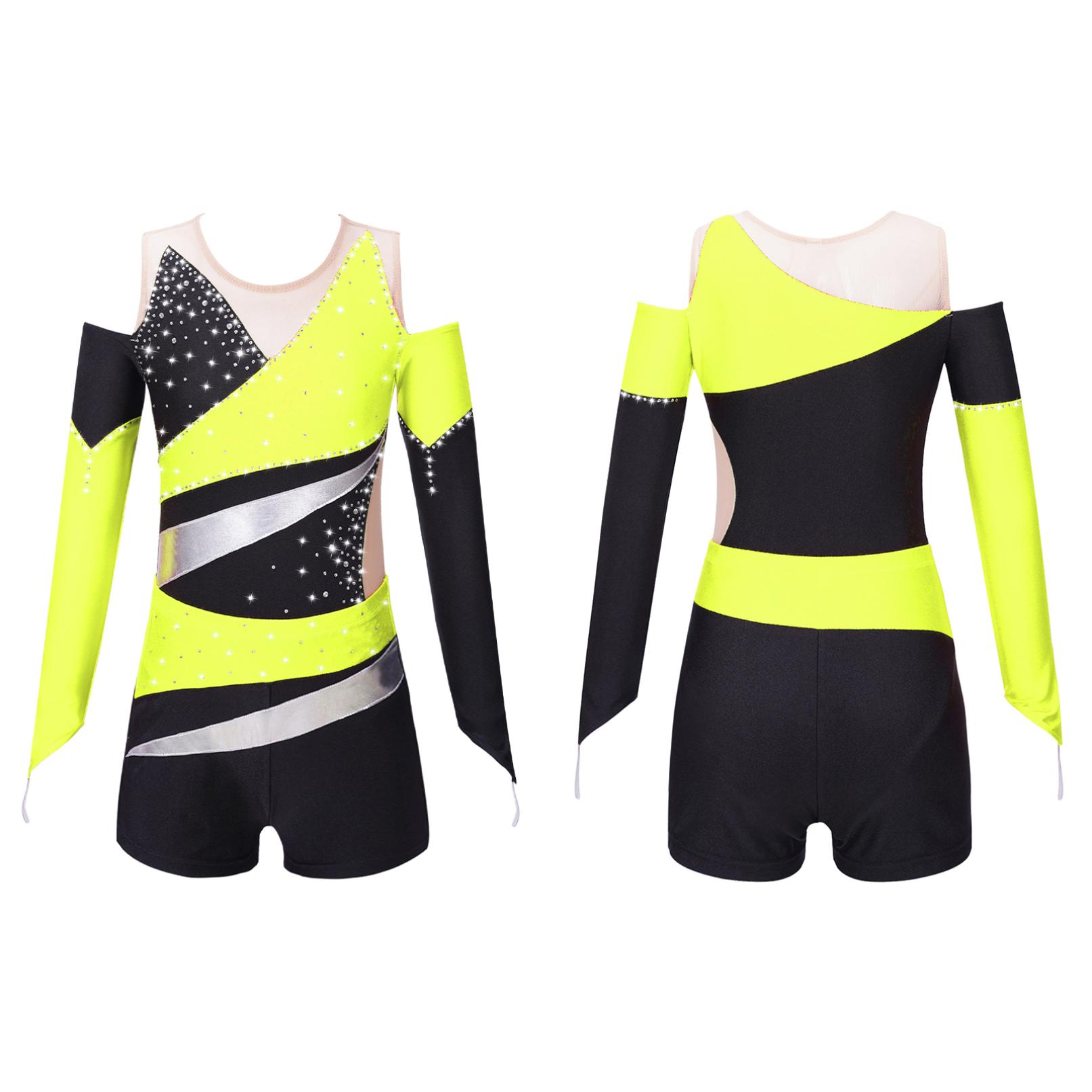 YOOJIA Kinderen Meisjes Ballet Maillots Gymnastiek met Shorts Sparkly Glanzende Diamant Kids Biketard Prestatiekostuum 11-12 Years geel