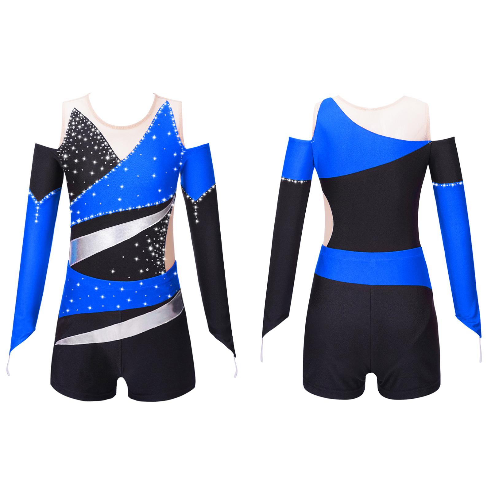 YOOJIA Kinderen Meisjes Ballet Maillots Gymnastiek met Shorts Sparkly Glanzende Diamant Kids Biketard Prestatiekostuum 7-8 Years blauw