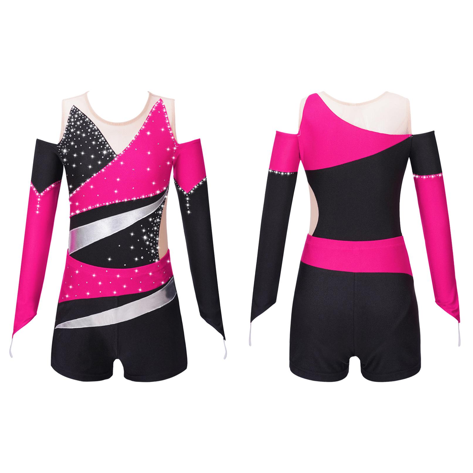 YOOJIA Kinderen Meisjes Ballet Maillots Gymnastiek met Shorts Sparkly Glanzende Diamant Kids Biketard Prestatiekostuum 9-10 Years roze