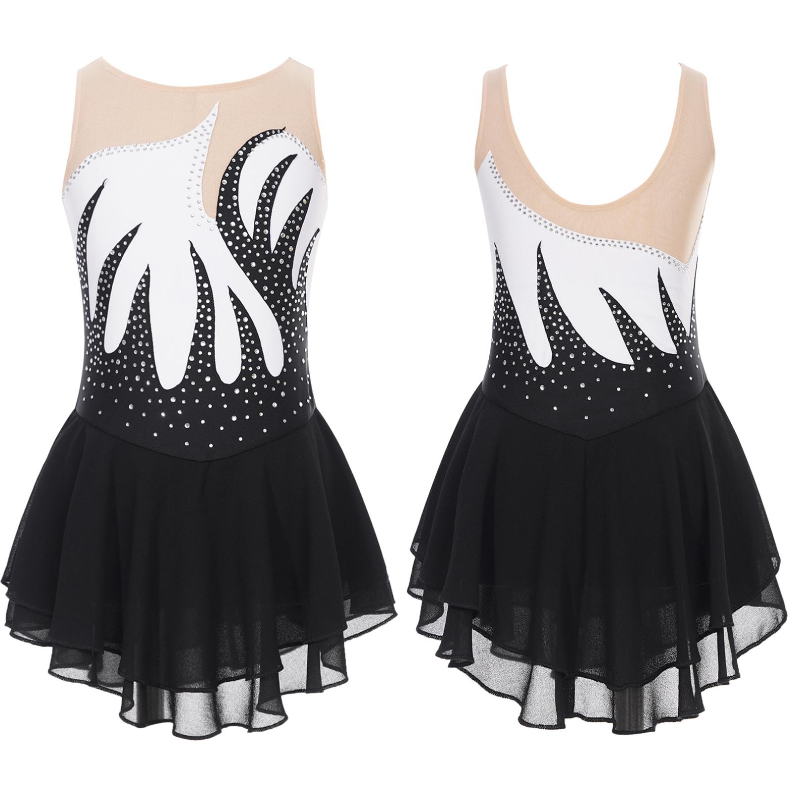 Tiaobug Kinderen meisjes kunstschaatsen kostuum ballet dans tutu mouwloos glanzend strass ritmische gymnastiek prestaties turnpakje jurk 15-16 Years wit