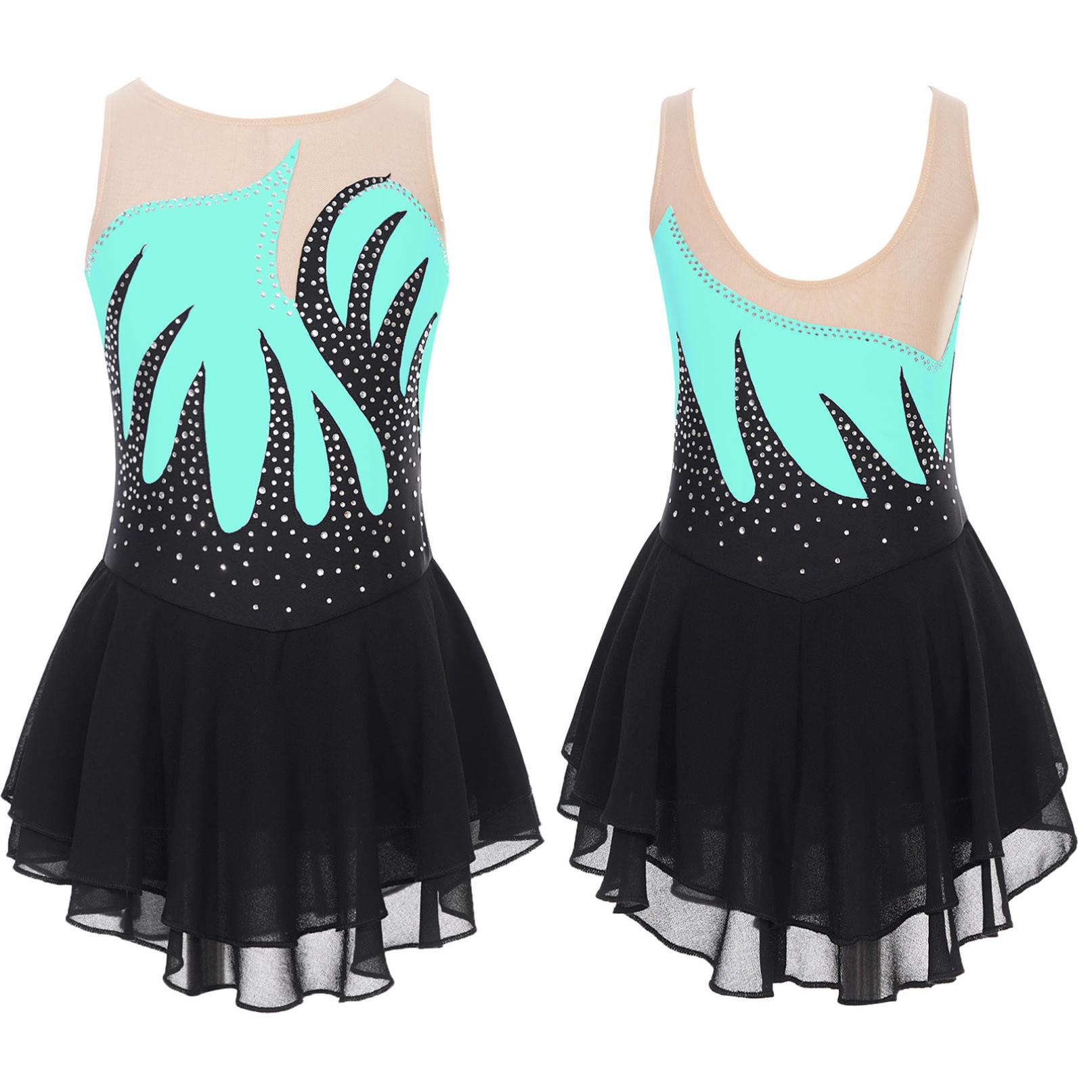 Tiaobug Kinderen meisjes kunstschaatsen kostuum ballet dans tutu mouwloos glanzend strass ritmische gymnastiek prestaties turnpakje jurk 15-16 Years lichtblauwe kleur