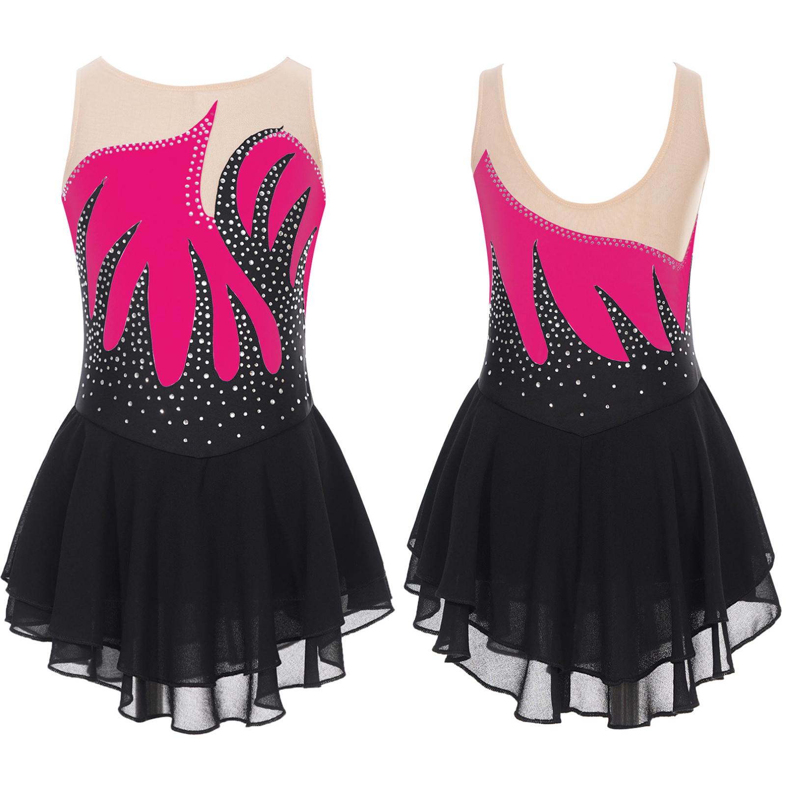 Tiaobug Kinderen meisjes kunstschaatsen kostuum ballet dans tutu mouwloos glanzend strass ritmische gymnastiek prestaties turnpakje jurk 7-8 Years warm roze kleur