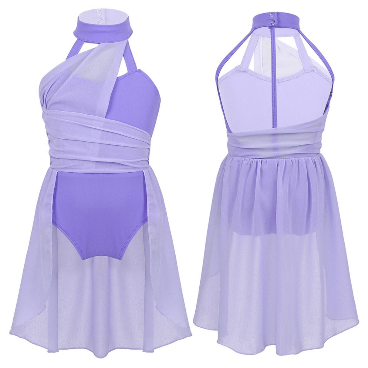 YOOJIA Kindermeisjes mouwloze ruches chiffon lijfje gekooide rug turnpakje jurk voor lyrische hedendaagse dans 12-14 Years lavendel