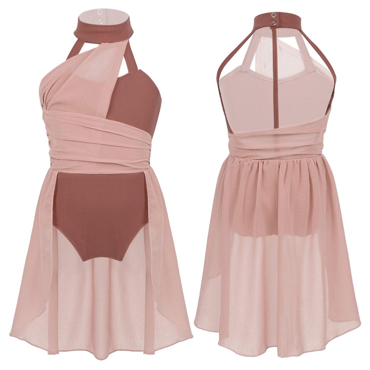 YOOJIA Kindermeisjes mouwloze ruches chiffon lijfje gekooide rug turnpakje jurk voor lyrische hedendaagse dans 12-14 Years bruin