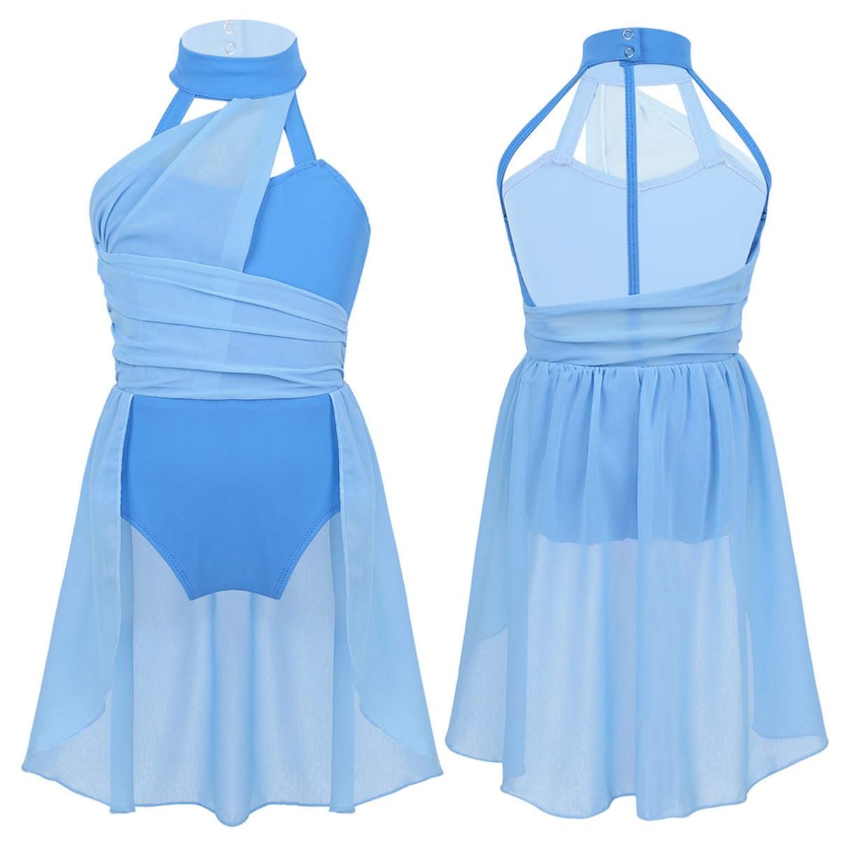 YOOJIA Kindermeisjes mouwloze ruches chiffon lijfje gekooide rug turnpakje jurk voor lyrische hedendaagse dans 7-8 Years lichtblauwe kleur