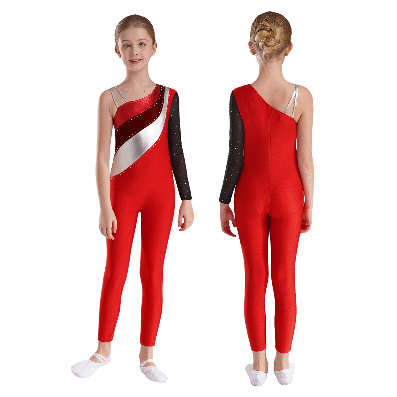 Yunduantong-home Kinderen Meisjes Een Schouder Contrasterende Kleur Jumpsuit Transparante Mesh Splice Bodysuit voor Kunstschaatsen Ballet Gymnastiek Danskleding 15-16 Years rood