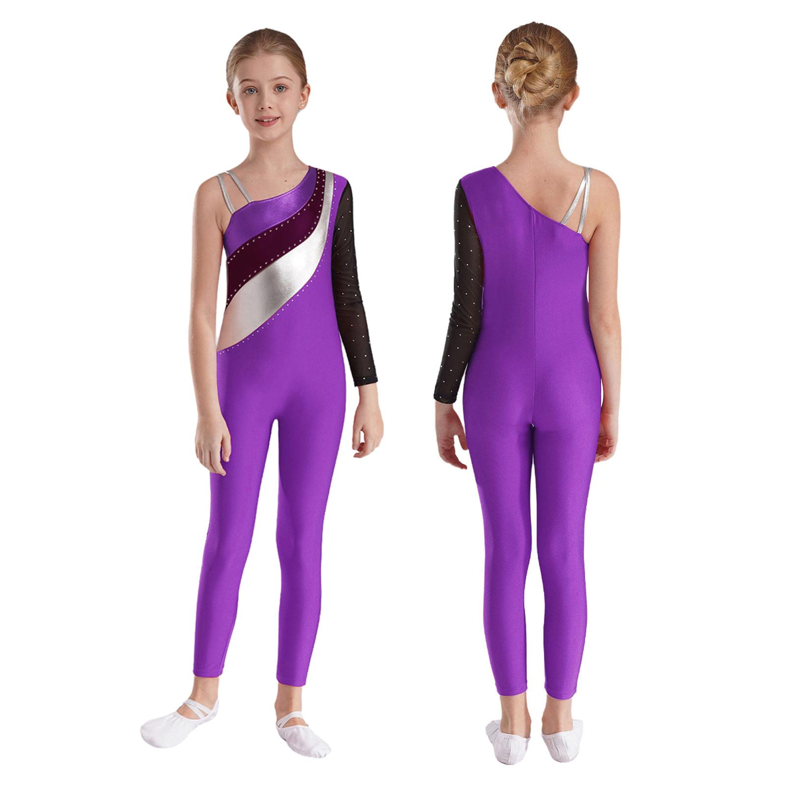 Yunduantong-home Kinderen Meisjes Een Schouder Contrasterende Kleur Jumpsuit Transparante Mesh Splice Bodysuit voor Kunstschaatsen Ballet Gymnastiek Danskleding 15-16 Years paars