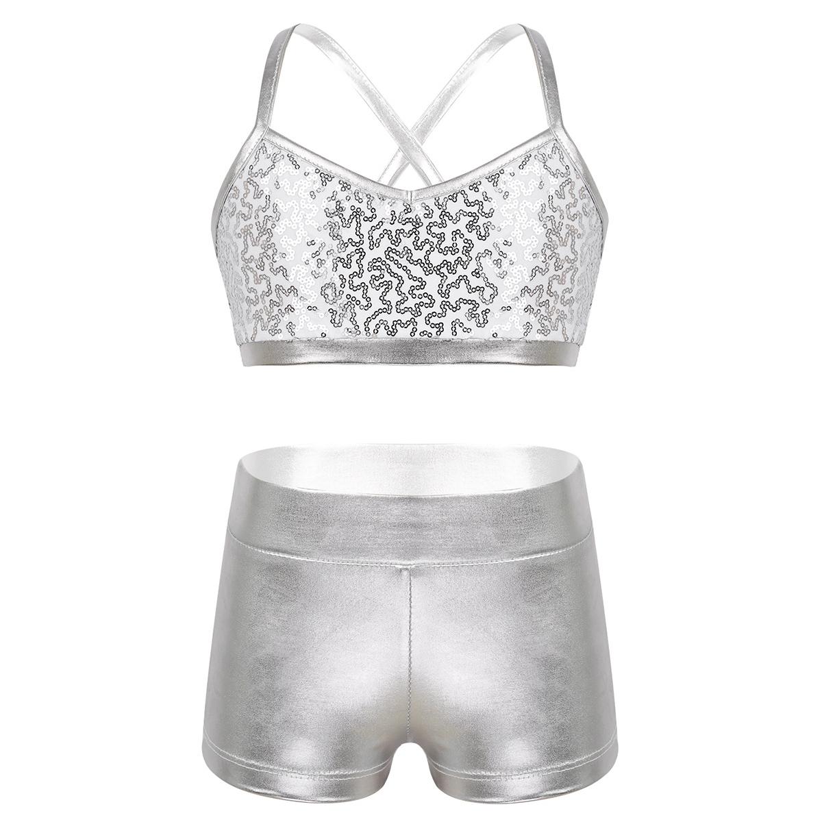 Yeahdor 2 stuks kinderen kinderen meisjes mouwloos ballet gymnastiek danskleding outfits set glanzende pailletten tanktop met bodems 12-14 Years zilver