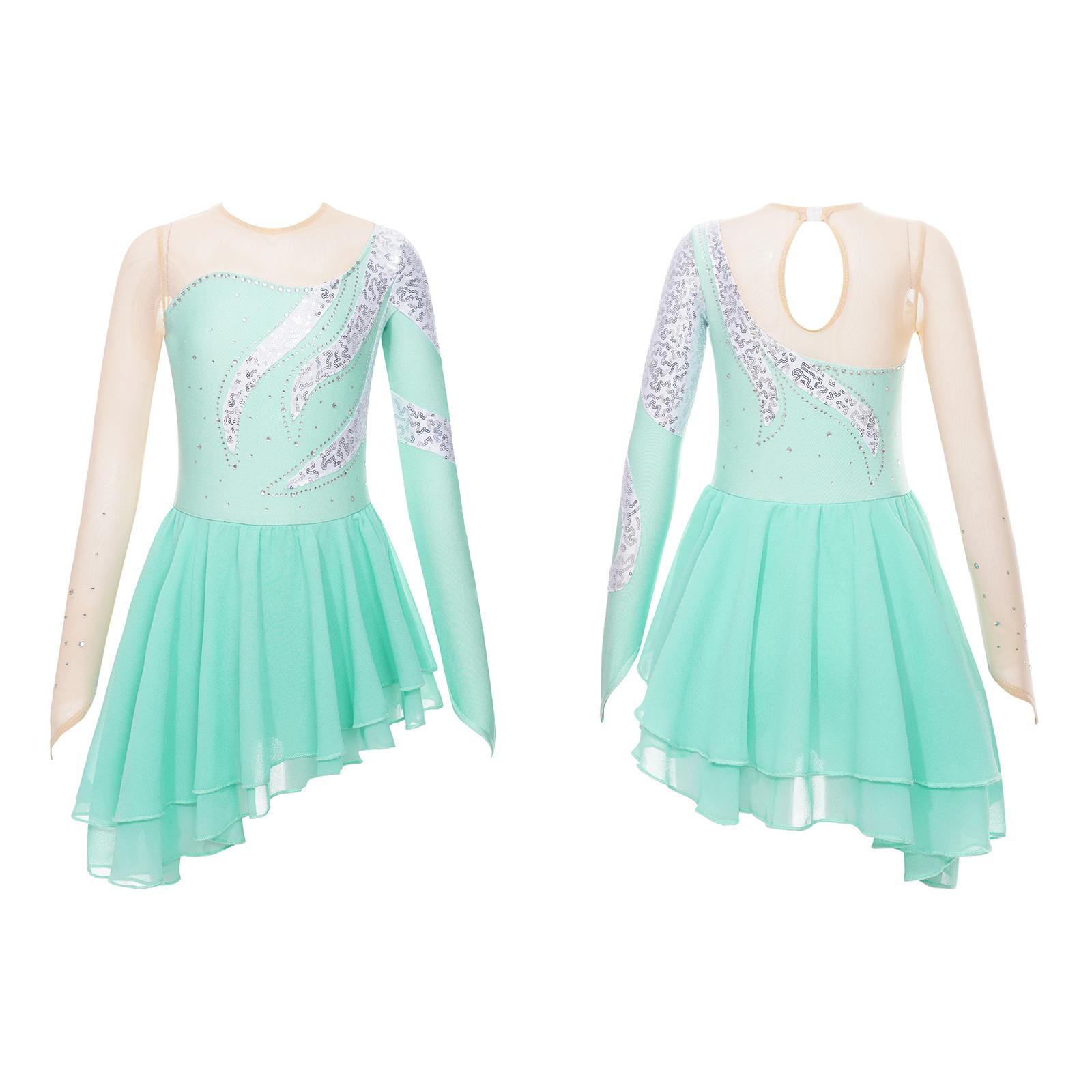 Inhzoy Meisjes lange mouwen glanzende pailletten ballet danskleding jurk kunstschaatsen jurk holle rug atletische gymnastiek leotard 13-14 Years