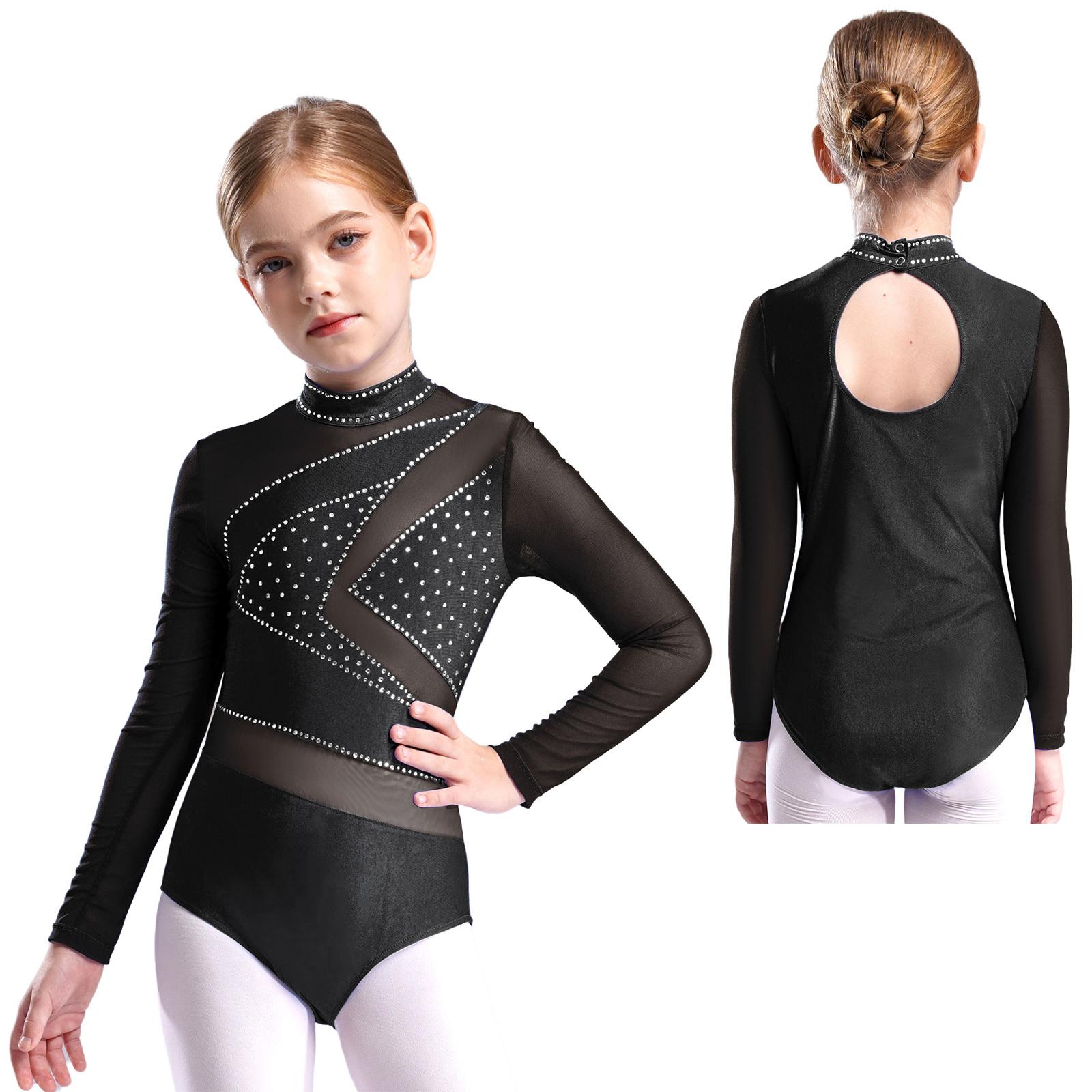 Yunduantong-electronic Meisjes Sparkly Lange Mouw Gymnastiek Tumbling Ballet Dans Leotard Biketard Kunstrijden Danskleding Uitsparing Rug Bodysuit 11-12 Years zwart