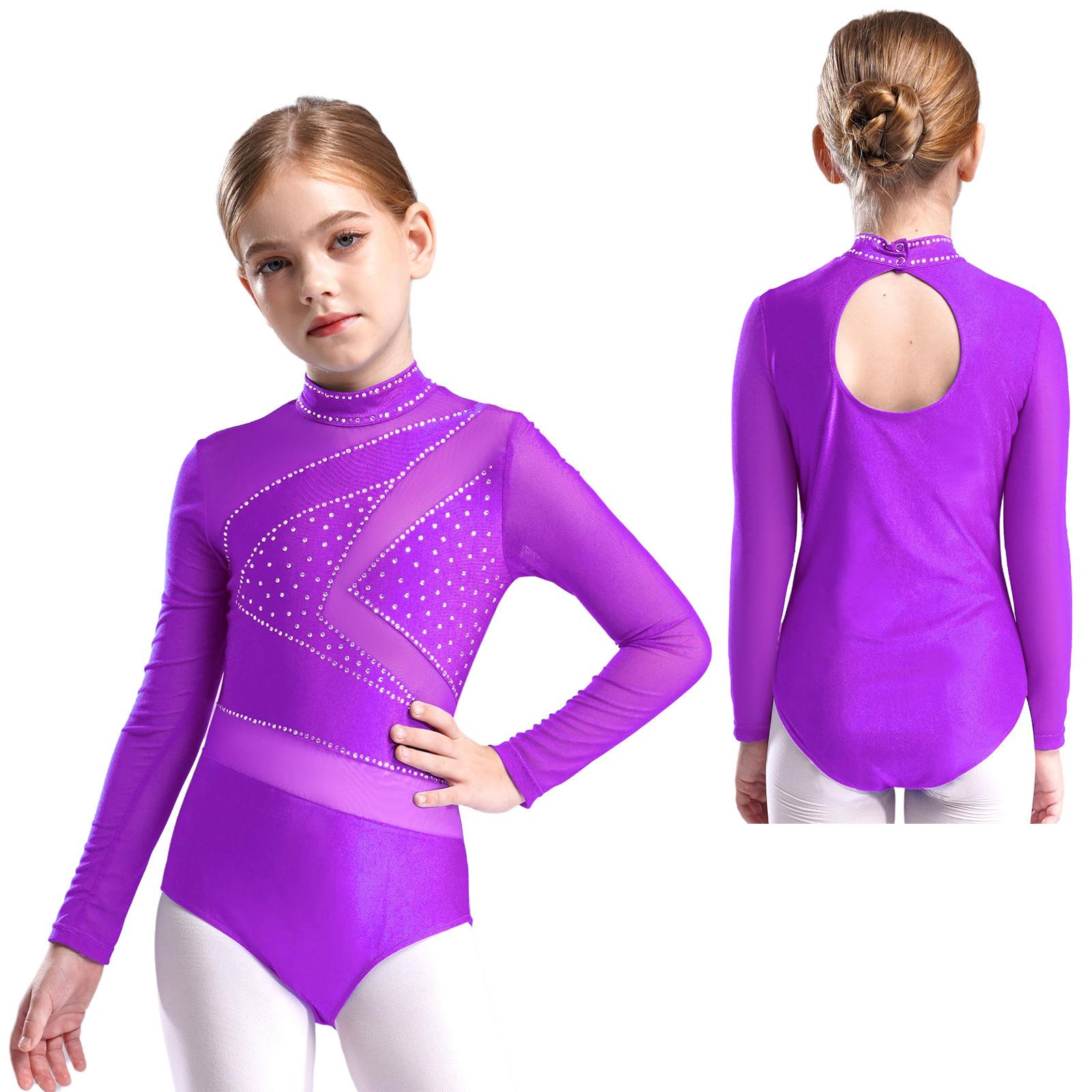 Yunduantong-electronic Meisjes Sparkly Lange Mouw Gymnastiek Tumbling Ballet Dans Leotard Biketard Kunstrijden Danskleding Uitsparing Rug Bodysuit 9-10 Years paars