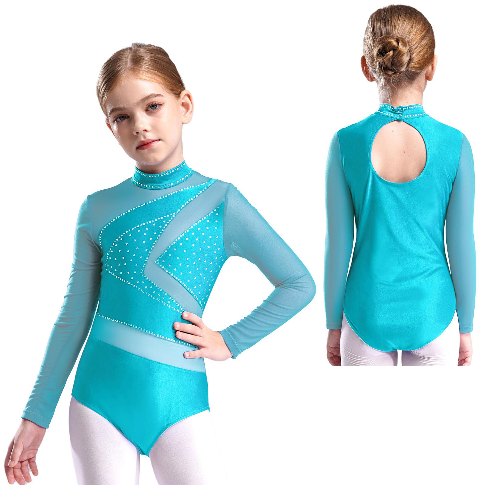 Yunduantong-electronic Meisjes Sparkly Lange Mouw Gymnastiek Tumbling Ballet Dans Leotard Biketard Kunstrijden Danskleding Uitsparing Rug Bodysuit 7-8 Years groen/blauw
