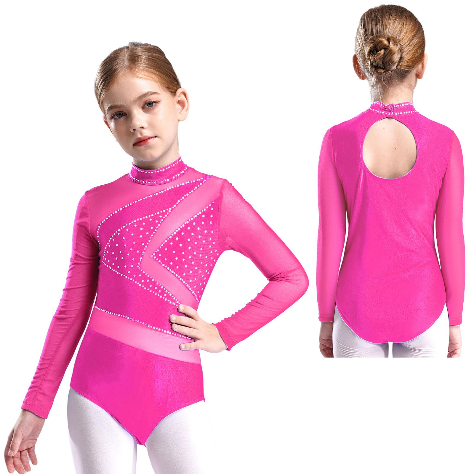 Yunduantong-electronic Meisjes Sparkly Lange Mouw Gymnastiek Tumbling Ballet Dans Leotard Biketard Kunstrijden Danskleding Uitsparing Rug Bodysuit 7-8 Years warm roze kleur