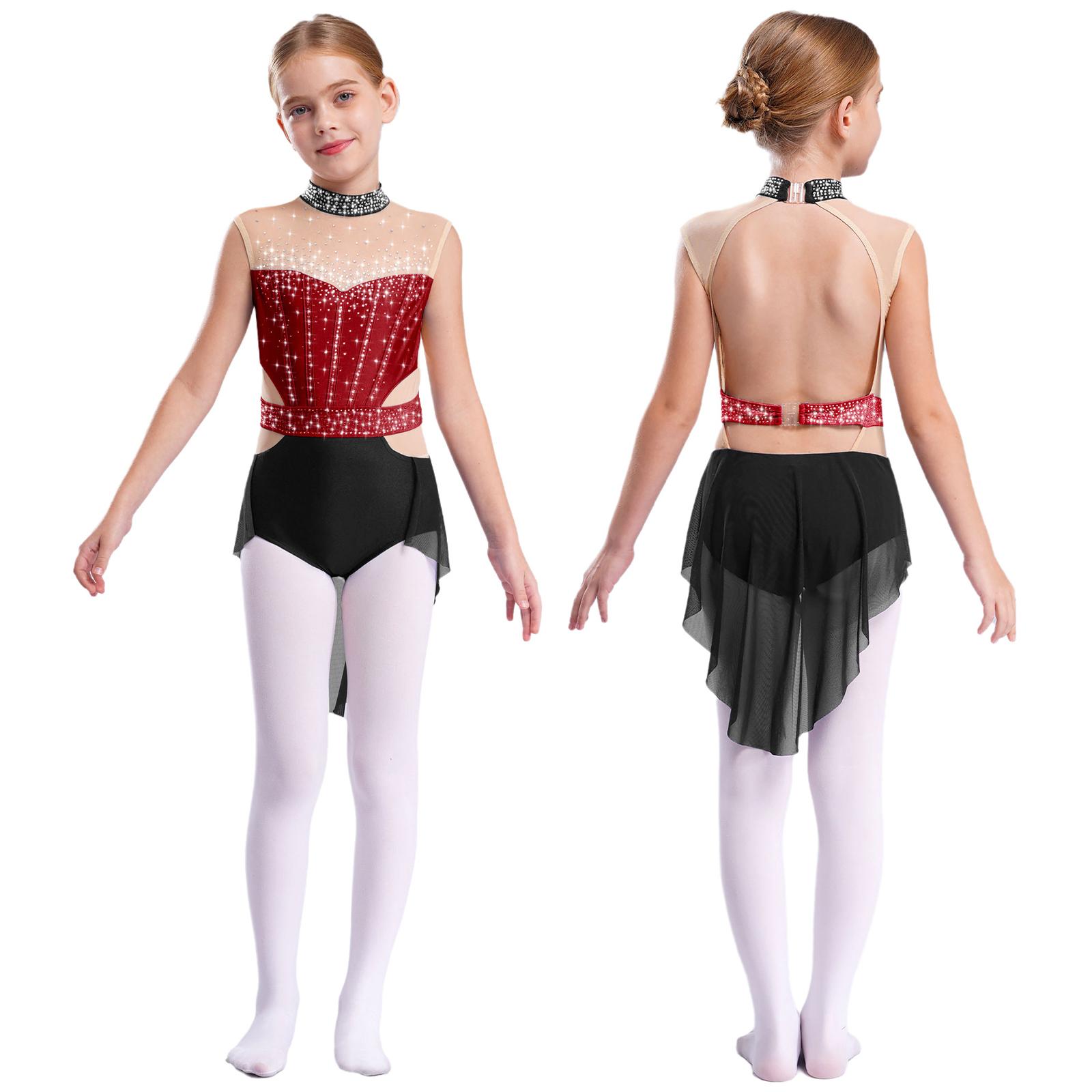 RUNQHUI Kinderen Meisjes Lyrische Dansvoorstelling Kostuum Mouwloos Strass Ballet Gymnastiek Leotard Kunstschaatsen Wedstrijd Danskleding 11-12 Years bordeaux/zwart