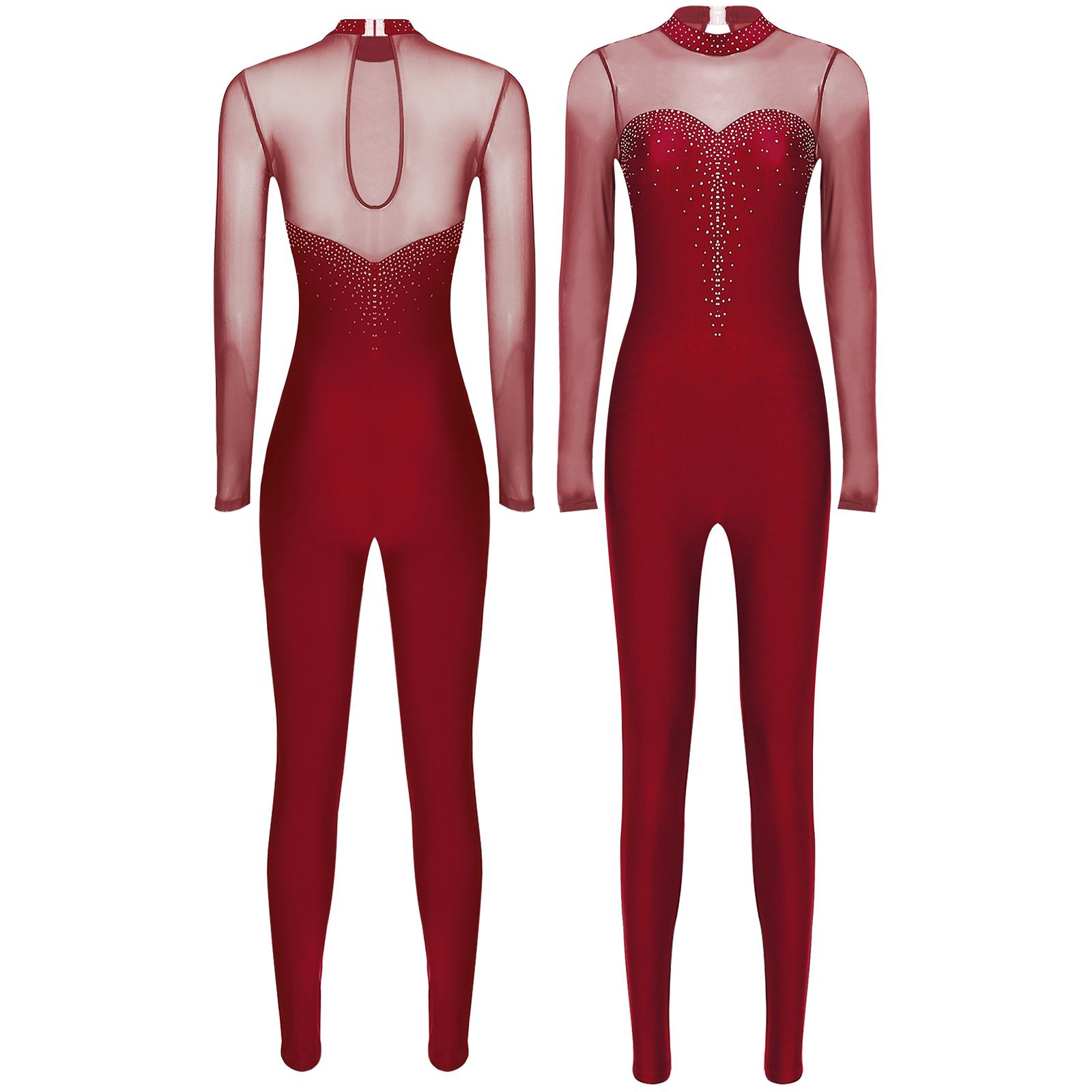 Fldy Vrouwen Gymnastiek Leotard Unitard Eendelig Lange Mouw Glanzend Strass Volledige Lengte Bodysuit Kunstschaatsen Jumpsuit Catsuit S bordeaux