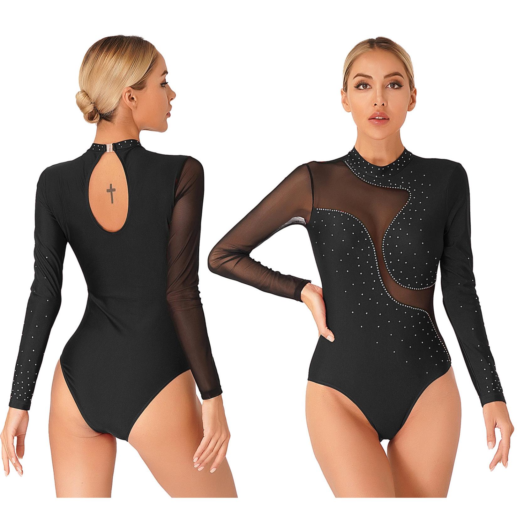IEFiEL Womens glanzende strass kleurblok bodysuit lange mouw gymnastiek dans turnpakje acrobatiek kunstschaatsen kostuum XL zwart