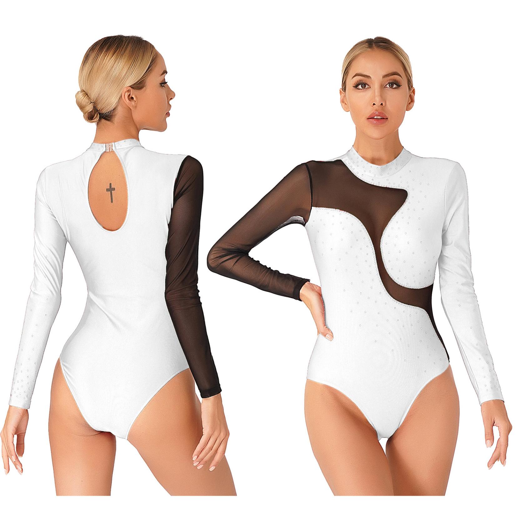 IEFiEL Womens glanzende strass kleurblok bodysuit lange mouw gymnastiek dans turnpakje acrobatiek kunstschaatsen kostuum XL wit