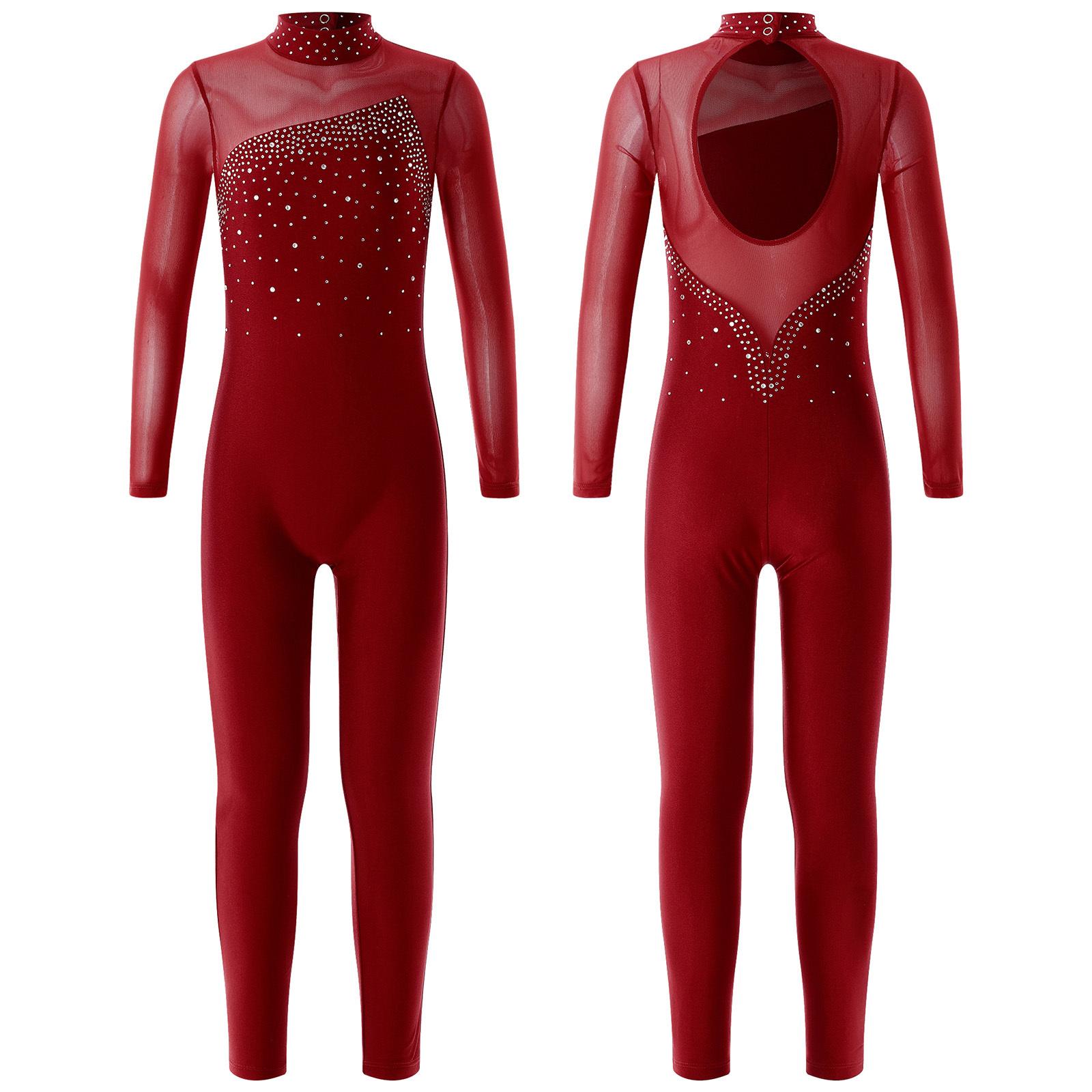Sxiwei Kinderen meisjes gymnastiek turnpakje workout dans jumpsuit lange mouw strass decor schaatsen bodysuit 9-10 Years bordeaux