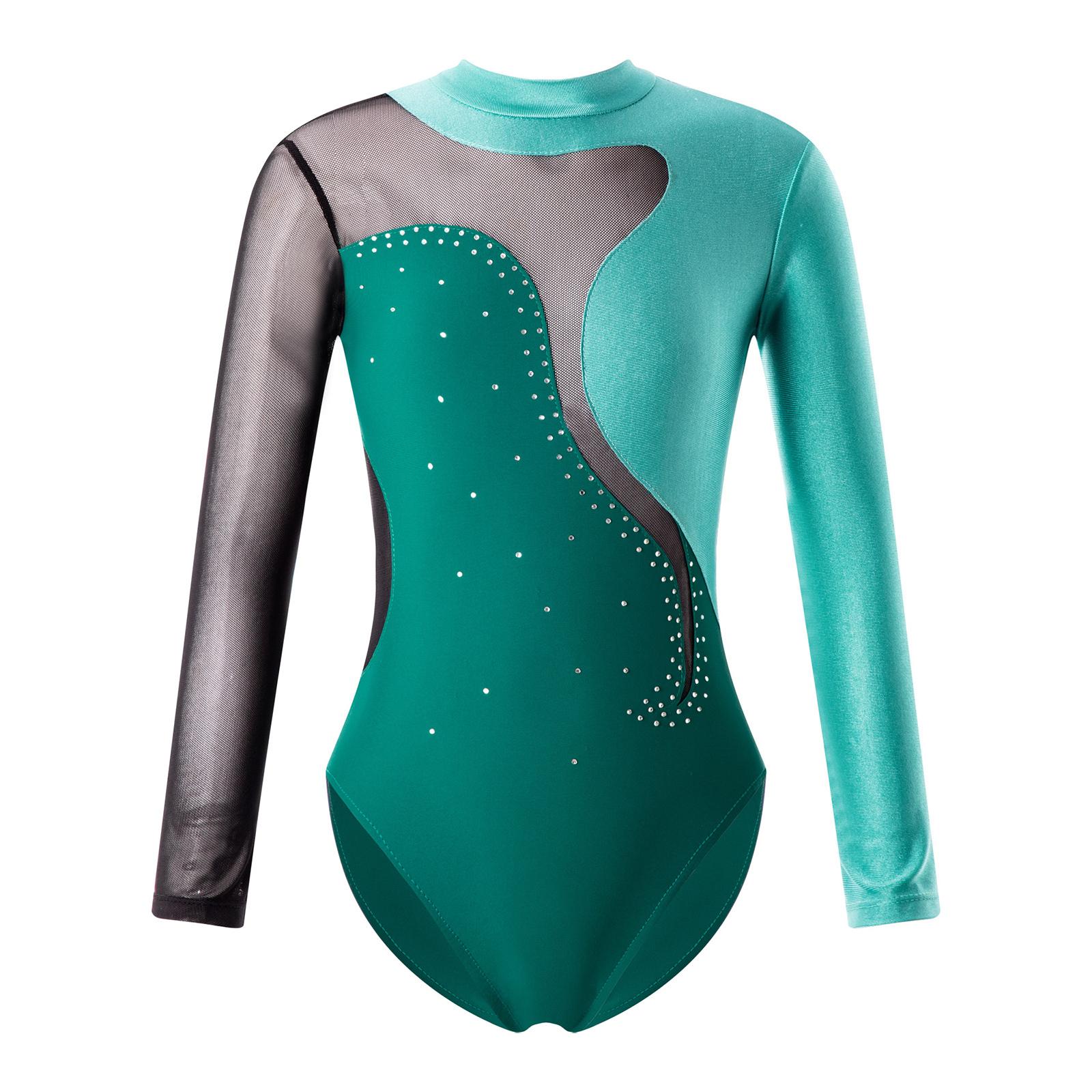 RUNQHUI Kinderen Meisjes Ronde Kraag Lange Mouw Glanzend Strass Decor Holle Rug Ballet Dans Turnpakje Schaatsen Jumpsuit 7-8 Years groen