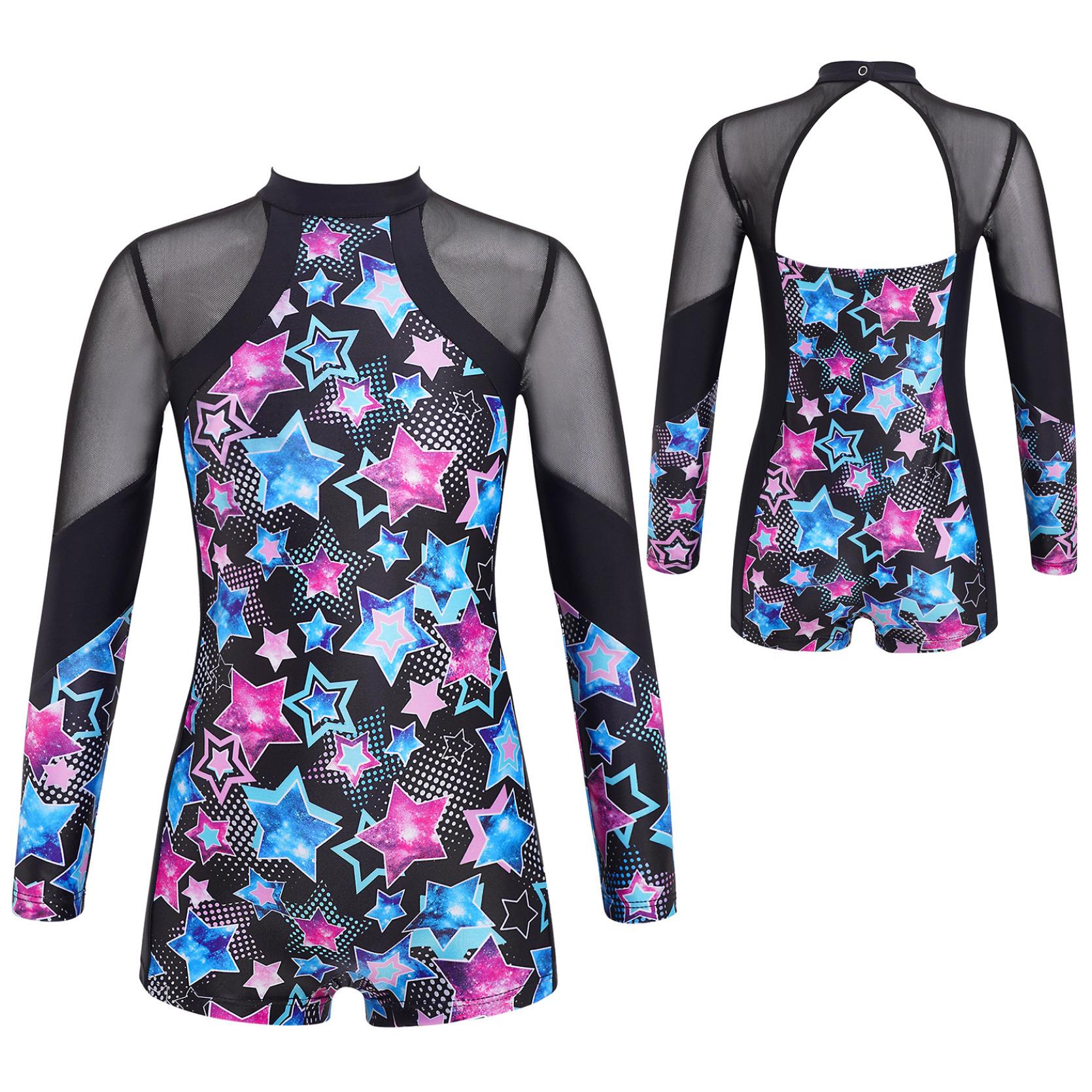 IEFiEL Kinderen meisjes mock hals lange mouwen sleutelgat terug mesh patchwork dans gymnastiek workout jumpsuit bodysuit 9-10 Years roze/blauw