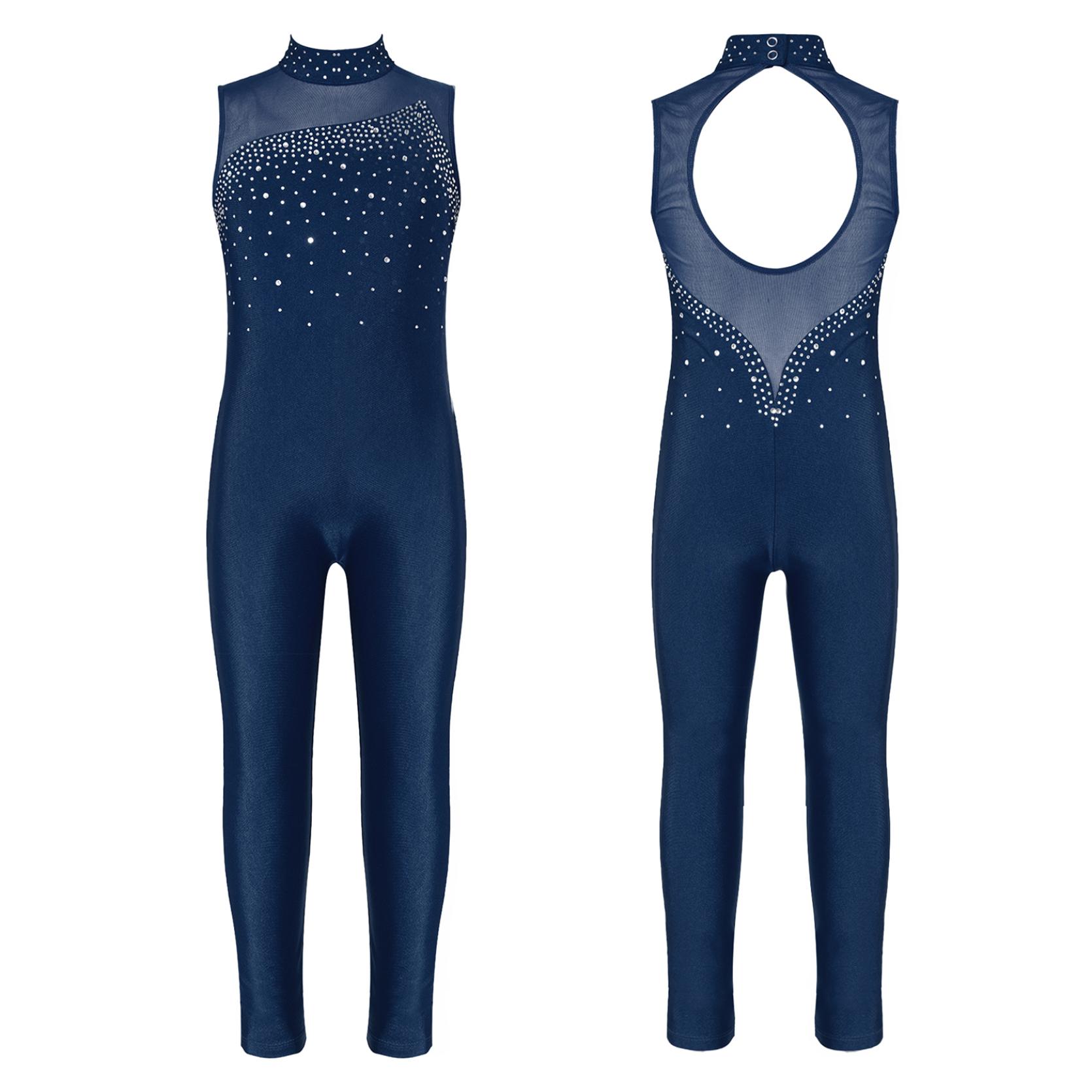 IEFiEL Kinderen Meisjes Ballet Dans Jumpsuit Mouwloze Strass Gymnastiek Workout Dans Maillots Kunstschaatsen Unitard Podiumkostuums 5-6 Years marineblauwe kleur