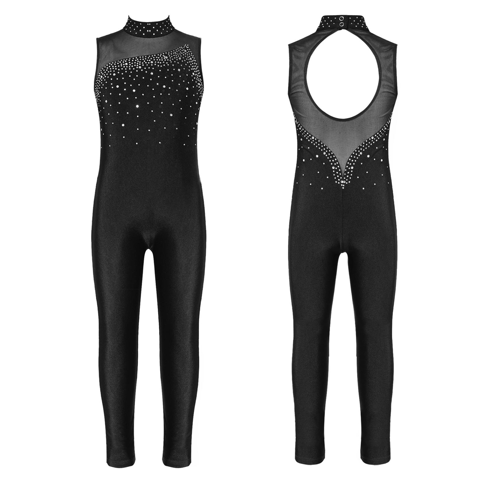 IEFiEL Kinderen Meisjes Ballet Dans Jumpsuit Mouwloze Strass Gymnastiek Workout Dans Maillots Kunstschaatsen Unitard Podiumkostuums 9-10 Years zwart