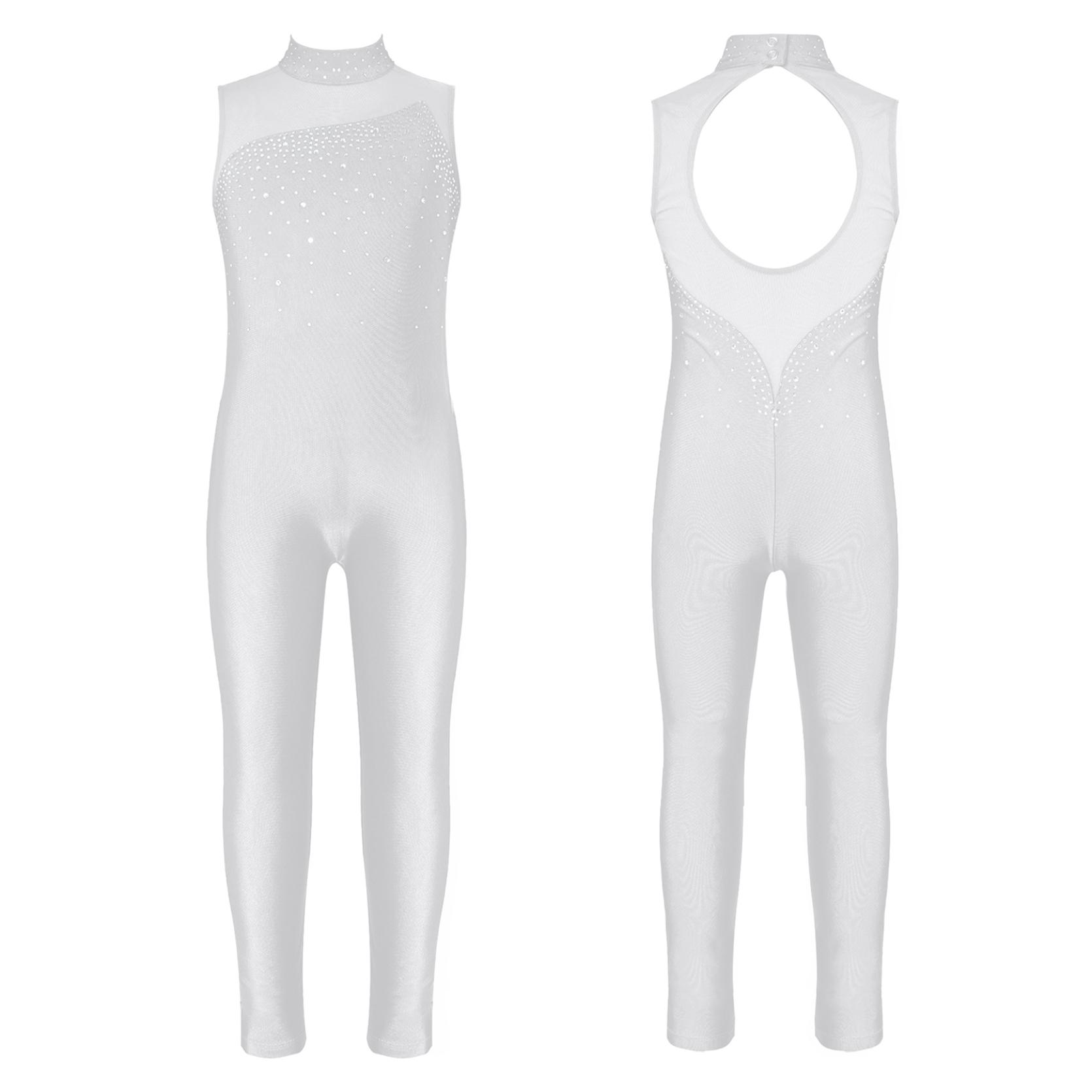 IEFiEL Kinderen Meisjes Ballet Dans Jumpsuit Mouwloze Strass Gymnastiek Workout Dans Maillots Kunstschaatsen Unitard Podiumkostuums 9-10 Years wit