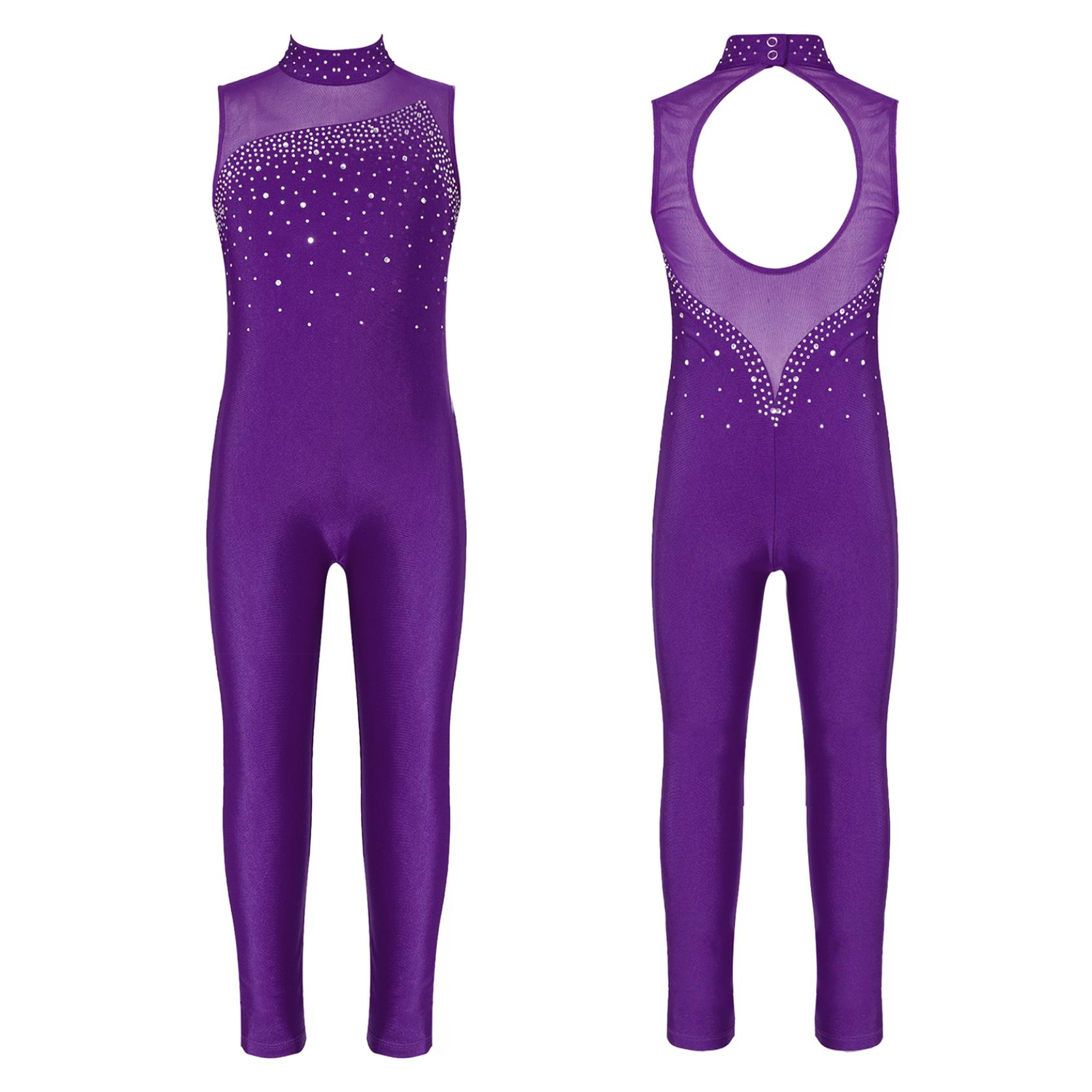 IEFiEL Kinderen Meisjes Ballet Dans Jumpsuit Mouwloze Strass Gymnastiek Workout Dans Maillots Kunstschaatsen Unitard Podiumkostuums 9-10 Years paars