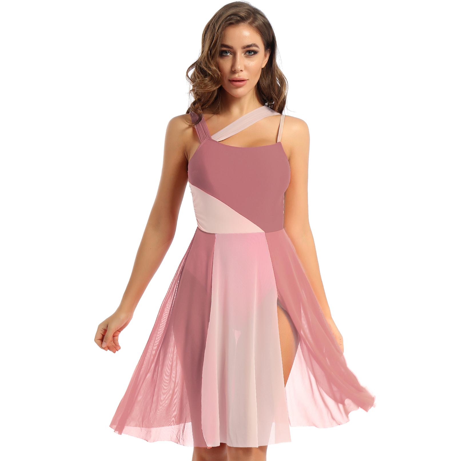 Tiaobug Vrouwen volwassen mesh overlay moderne hedendaagse dansjurk lyrische prestatie turnpakje kostuum XL bruin