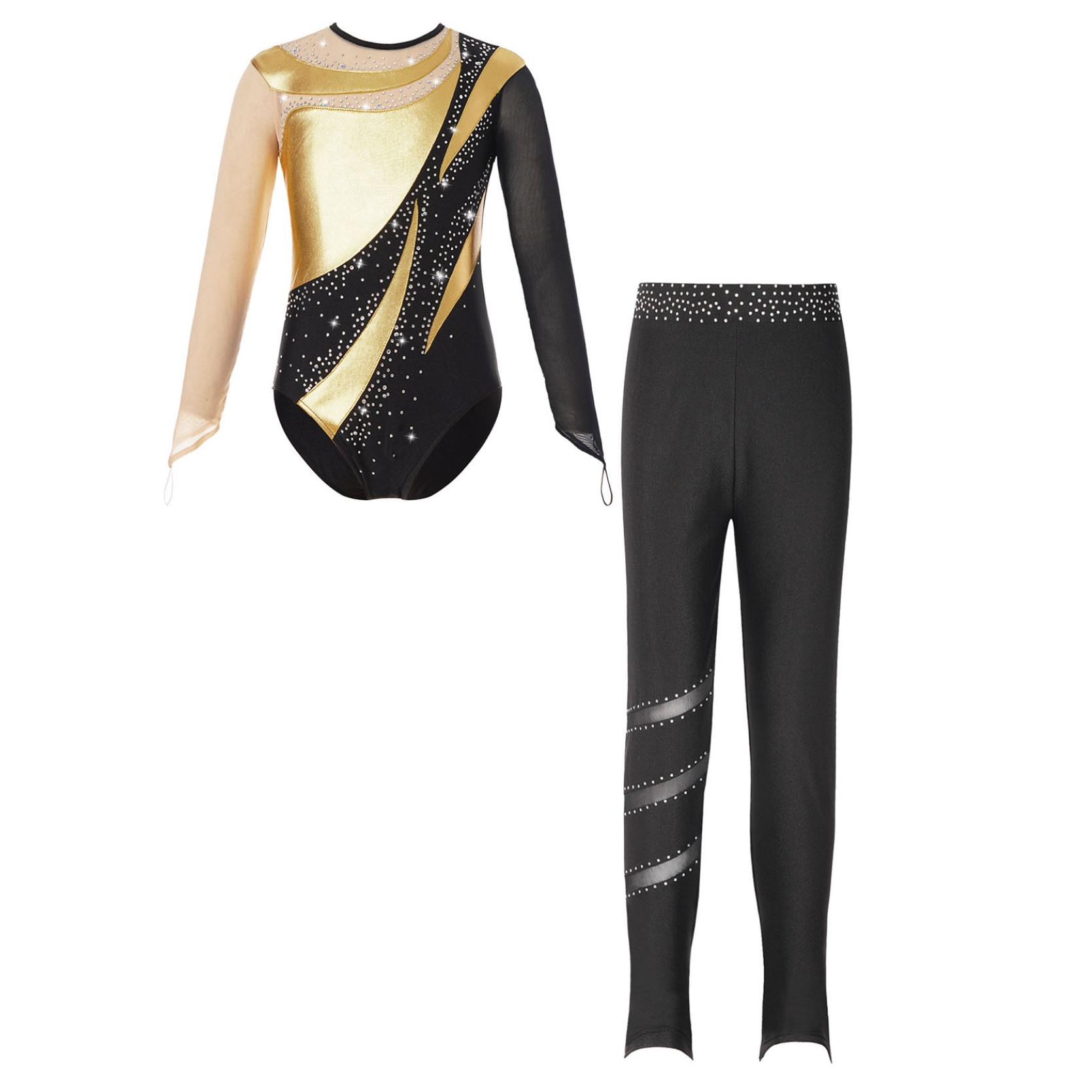IEFiEL Kinderen Meisjes Gymnastiek Prestatie-outfit Metallic Patchwork Mesh Lange mouw Keyhole Back Turnpakje met sprankelende strasssteentjes Elastische tailleband Legging 9-10 Years