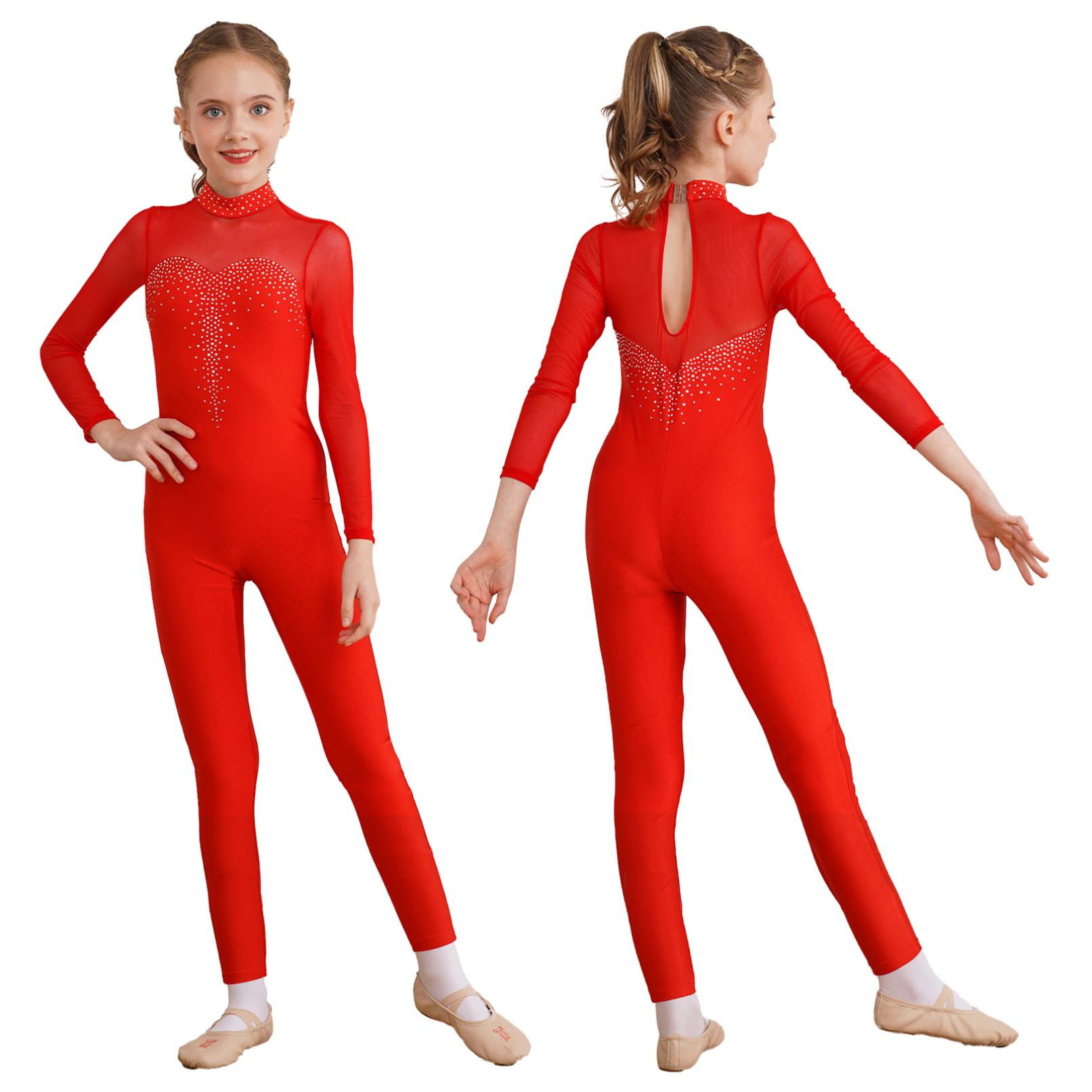 HULIJA Meisjes dansen Unitard schaatsen jumpsuit met lange mouwen, ééndelig bodysuit, rekbaar gymnastiekpakje 9-10 Years rood