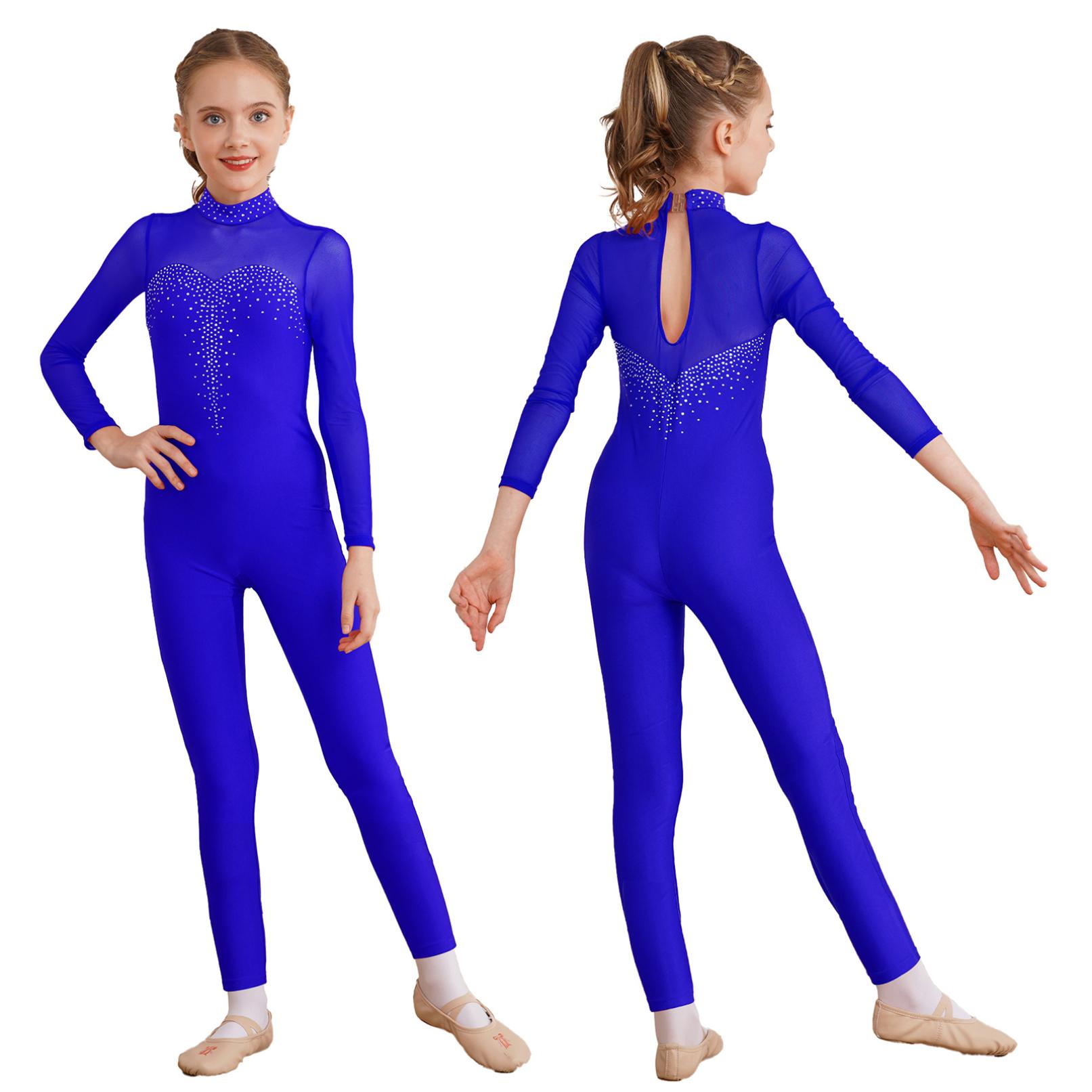 HULIJA Meisjes dansen Unitard schaatsen jumpsuit met lange mouwen, ééndelig bodysuit, rekbaar gymnastiekpakje 7-8 Years koningsblauwe kleur