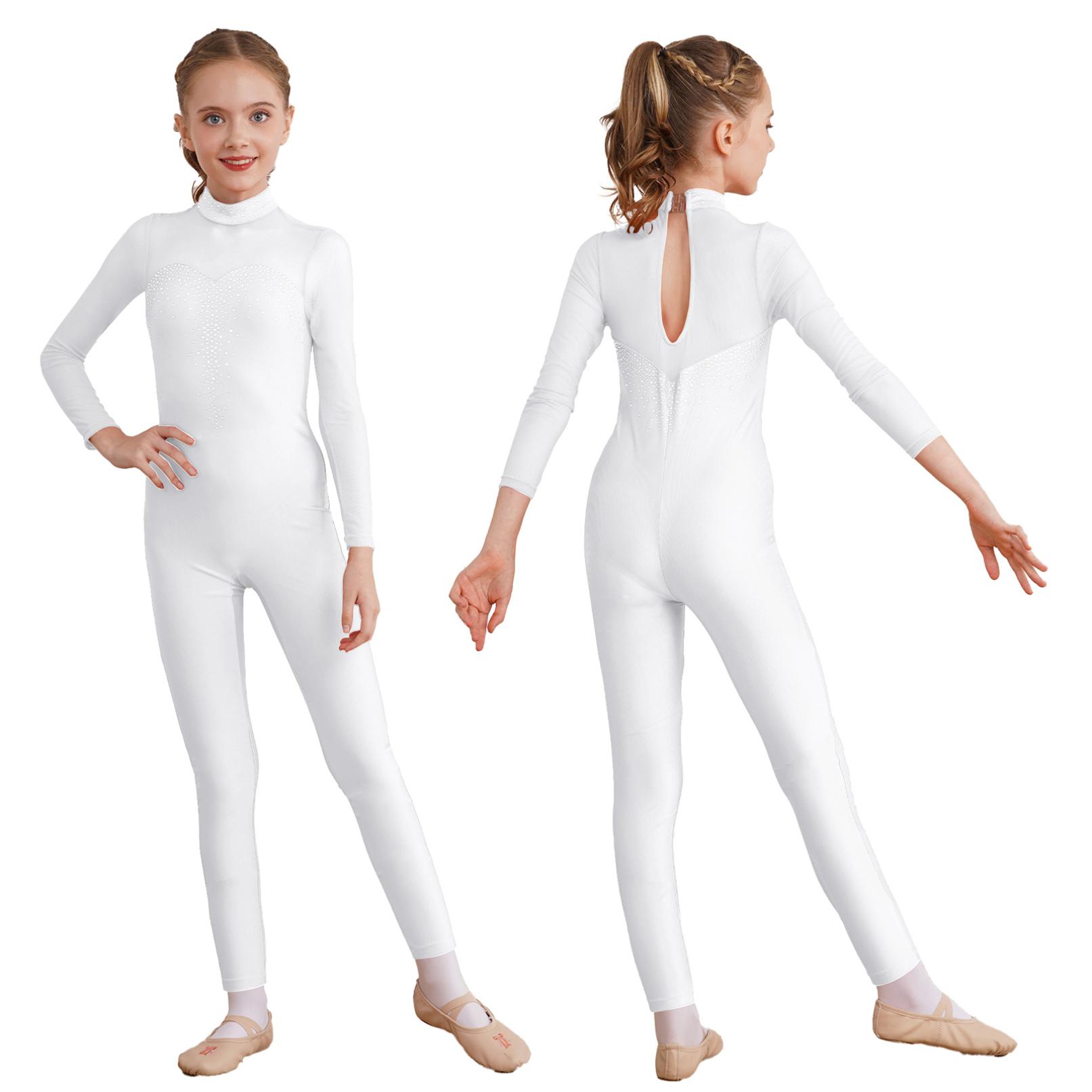 HULIJA Meisjes dansen Unitard schaatsen jumpsuit met lange mouwen, ééndelig bodysuit, rekbaar gymnastiekpakje 15-16 Years wit