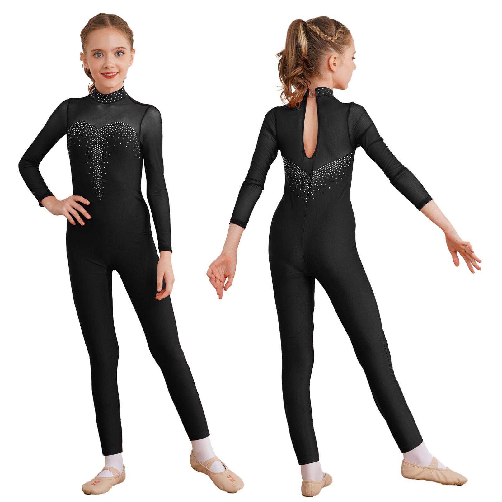 HULIJA Meisjes dansen Unitard schaatsen jumpsuit met lange mouwen, ééndelig bodysuit, rekbaar gymnastiekpakje 11-12 Years zwart