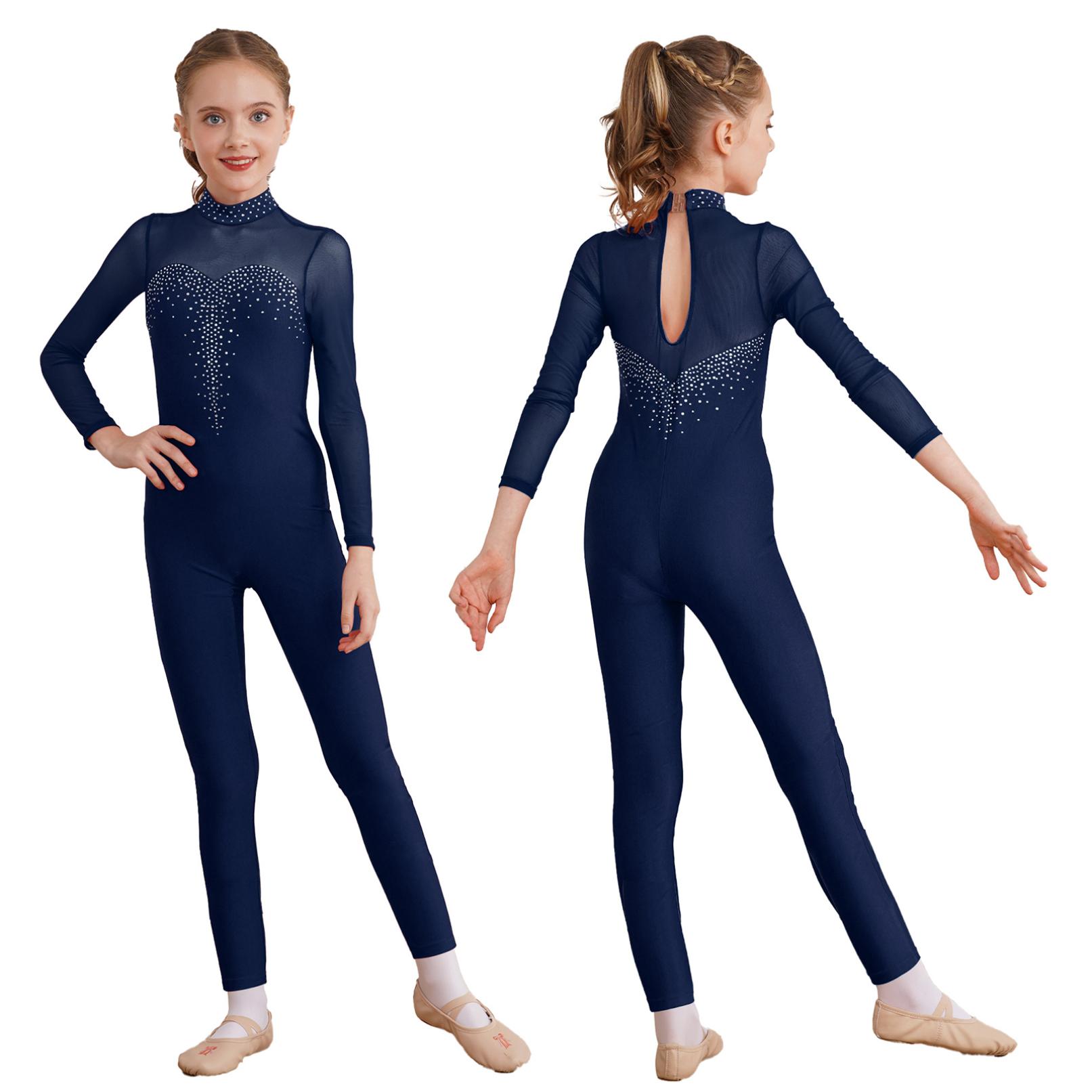 HULIJA Meisjes dansen Unitard schaatsen jumpsuit met lange mouwen, ééndelig bodysuit, rekbaar gymnastiekpakje 7-8 Years marineblauwe kleur