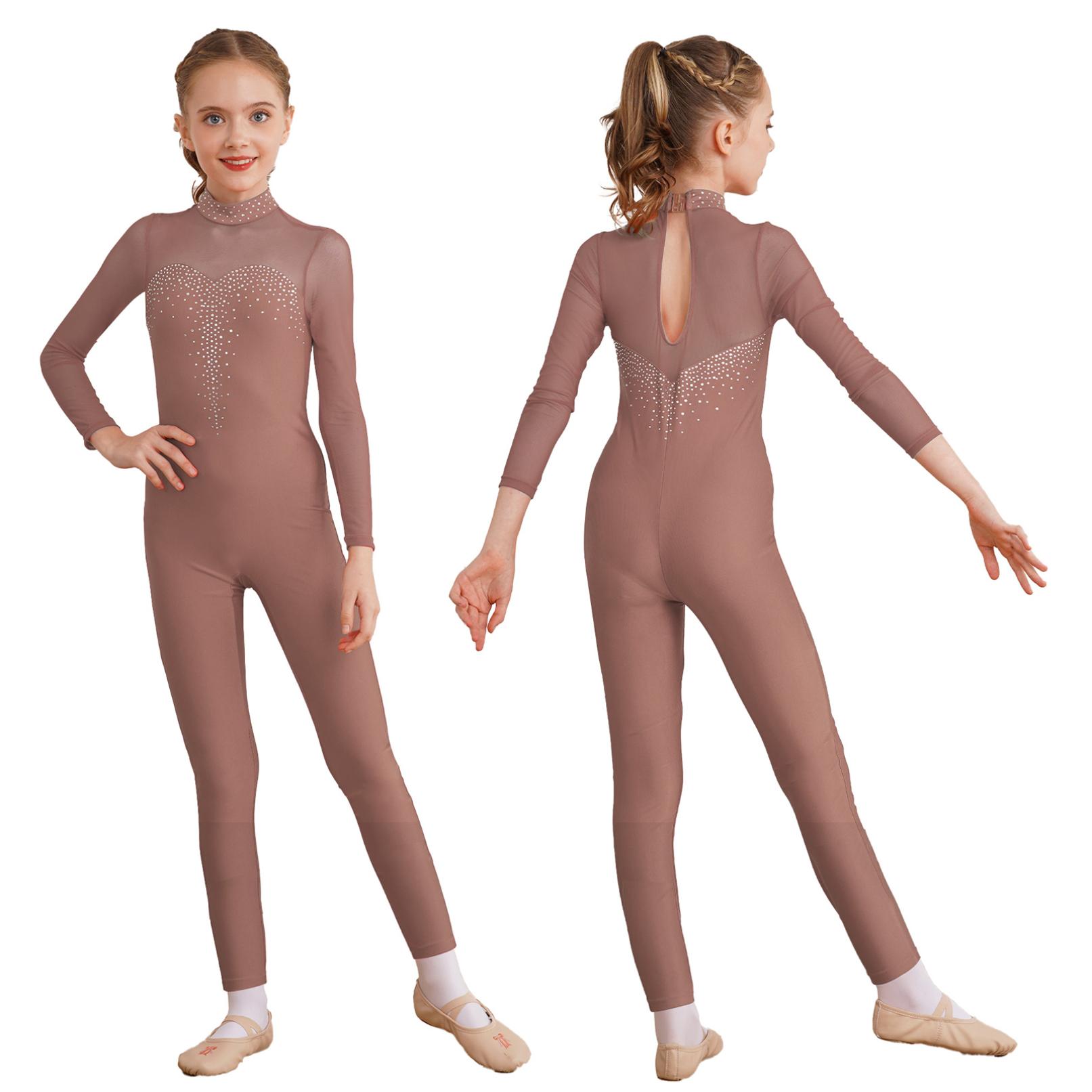 HULIJA Meisjes dansen Unitard schaatsen jumpsuit met lange mouwen, ééndelig bodysuit, rekbaar gymnastiekpakje 9-10 Years koffie