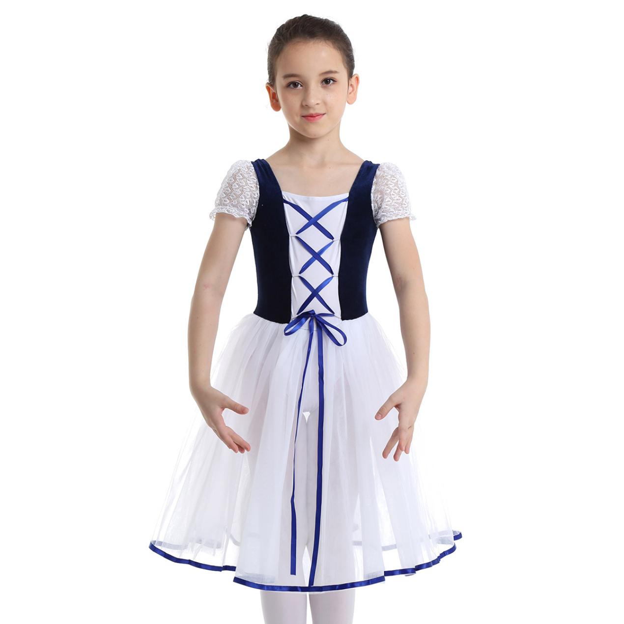 IEFiEL Kinderen Meisjes Professionele Ballet Tutu Jurk Fluwelen Mesh Kantwerk Korte Bubble Mouwen Ballet Dans Gymnastiek Turnpakje 5-6 Years marineblauwe kleur