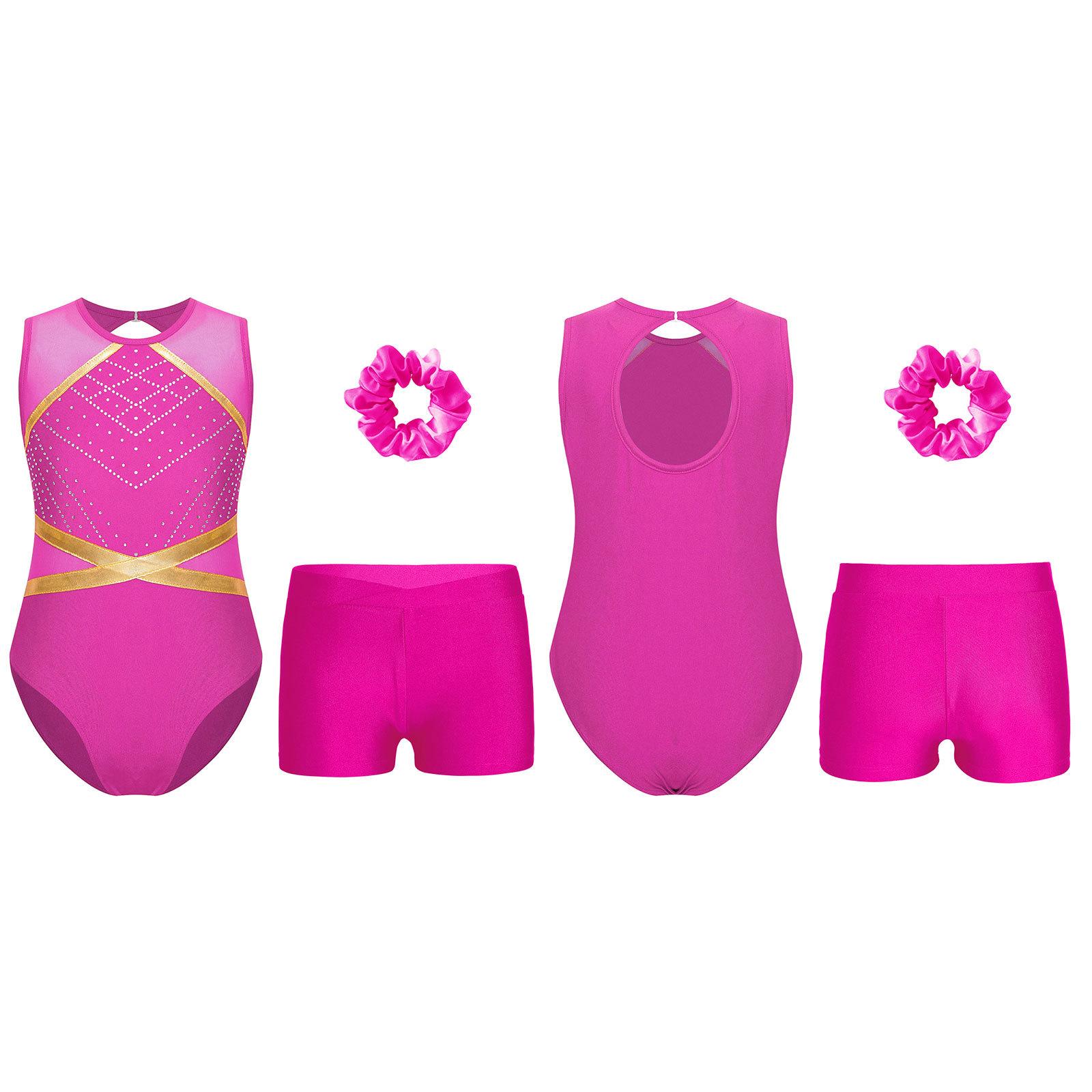 YOOJIA Kinderen Meisjes Gymnastiek Outfit Sleutelgat Rug Patchwork Mouwloos Glinsterende Strass Leotard met V-voorkant Tailleband Shorts Haarelastiek Hoofddeksel 15-16 Years warm roze kleur