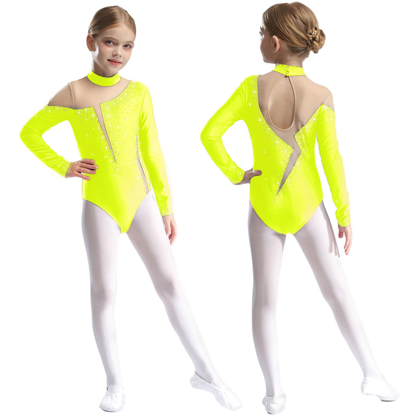 Inhzoy Meisjes turnpakjes met steentjes, ballet danspakjes, bodysuit, ritmische gymnastiek, artistiek schaatsen, danskostuum 11-12 Years fluorescerende gele kleur