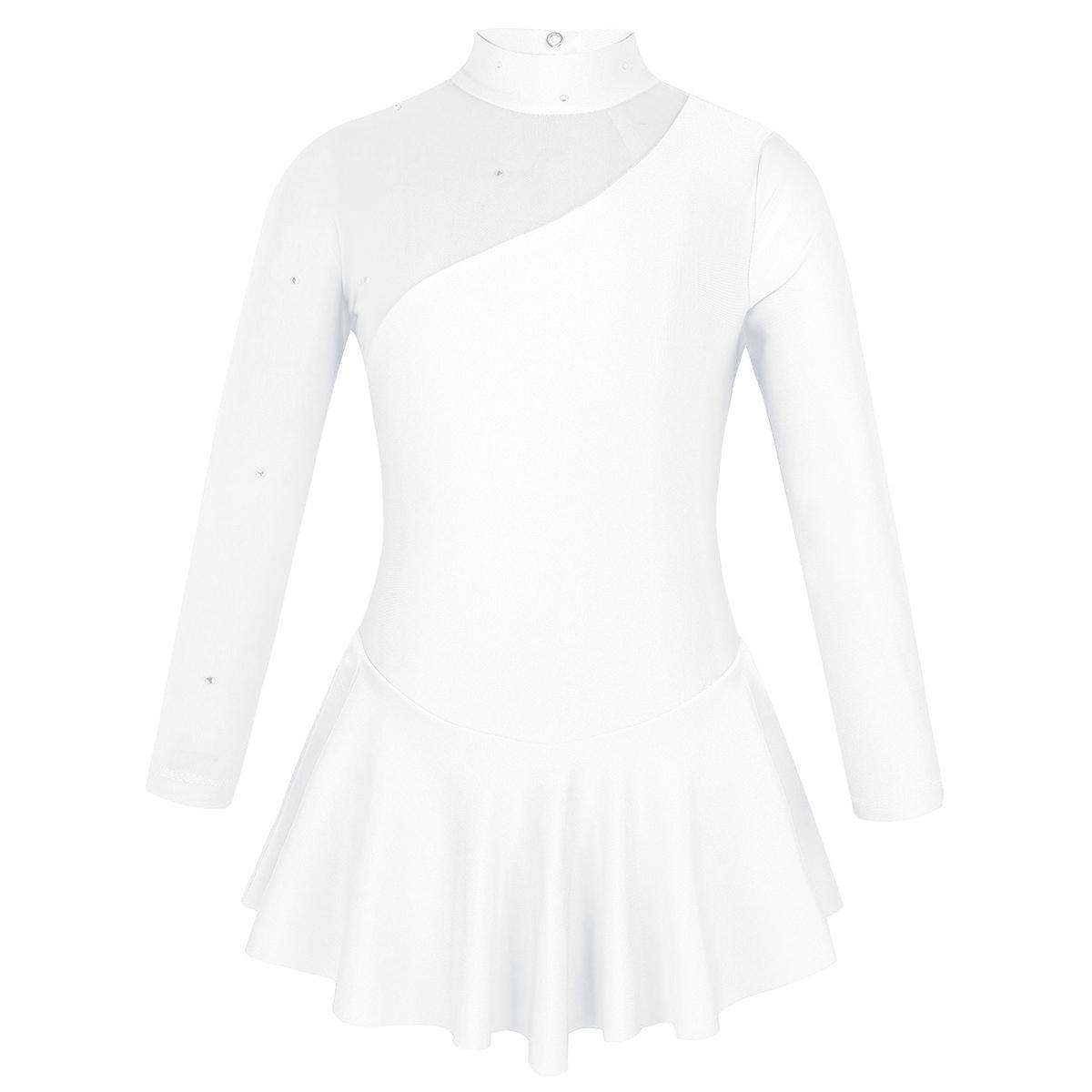 IEFiEL Meisjes balletjurk met lange mouwen, uitsparing aan de achterkant, kunstschaatsjurk, balletpak, jersey turnpakje, danskleding 5-6 Years wit