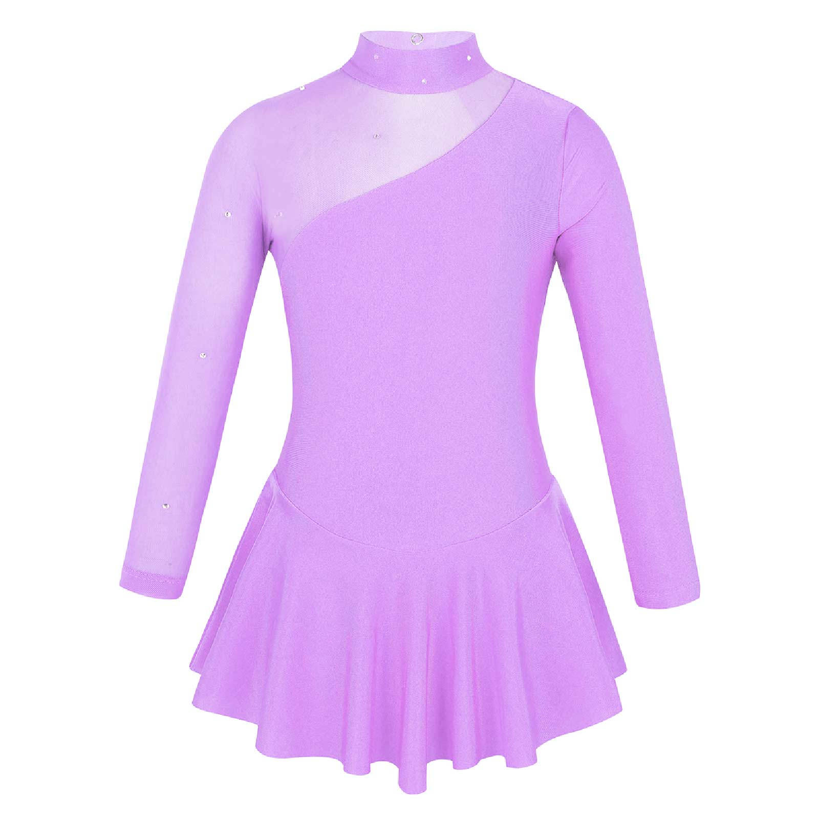 IEFiEL Meisjes balletjurk met lange mouwen, uitsparing aan de achterkant, kunstschaatsjurk, balletpak, jersey turnpakje, danskleding 9-10 Years lavendel